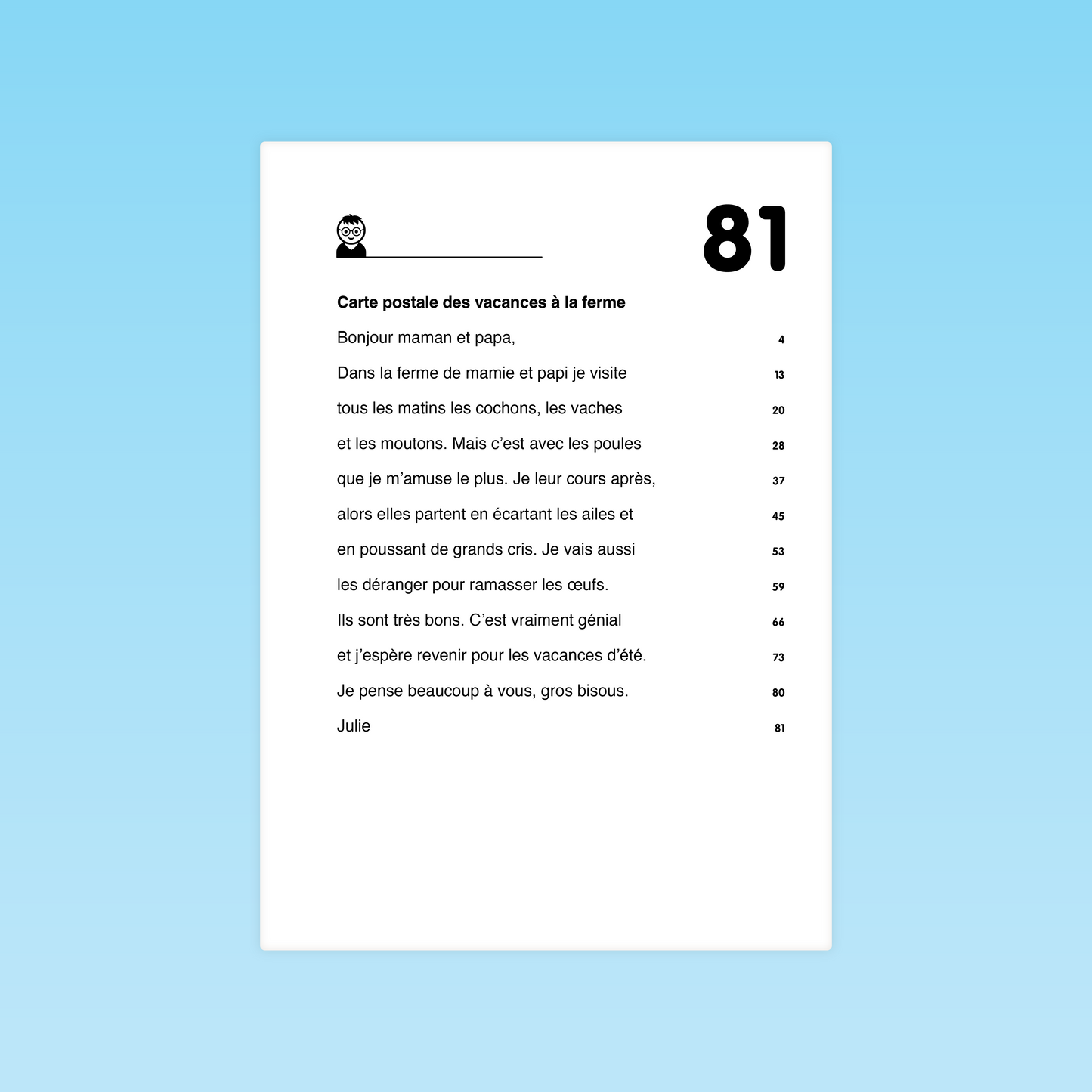 Texte de fluence Carte postale des vacances à la ferme – lecture fluide CP-CE