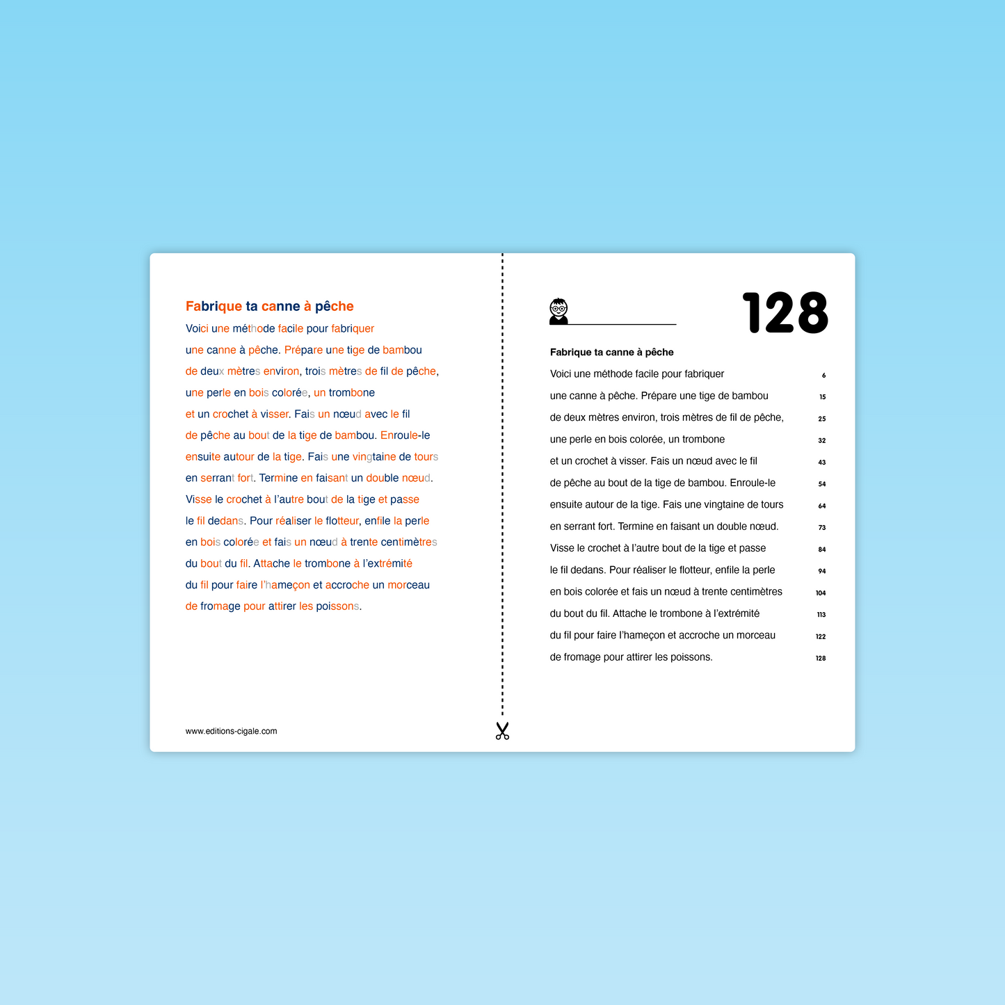 Texte de fluence Fabrique ta canne à pêche – version syllabée en couleurs