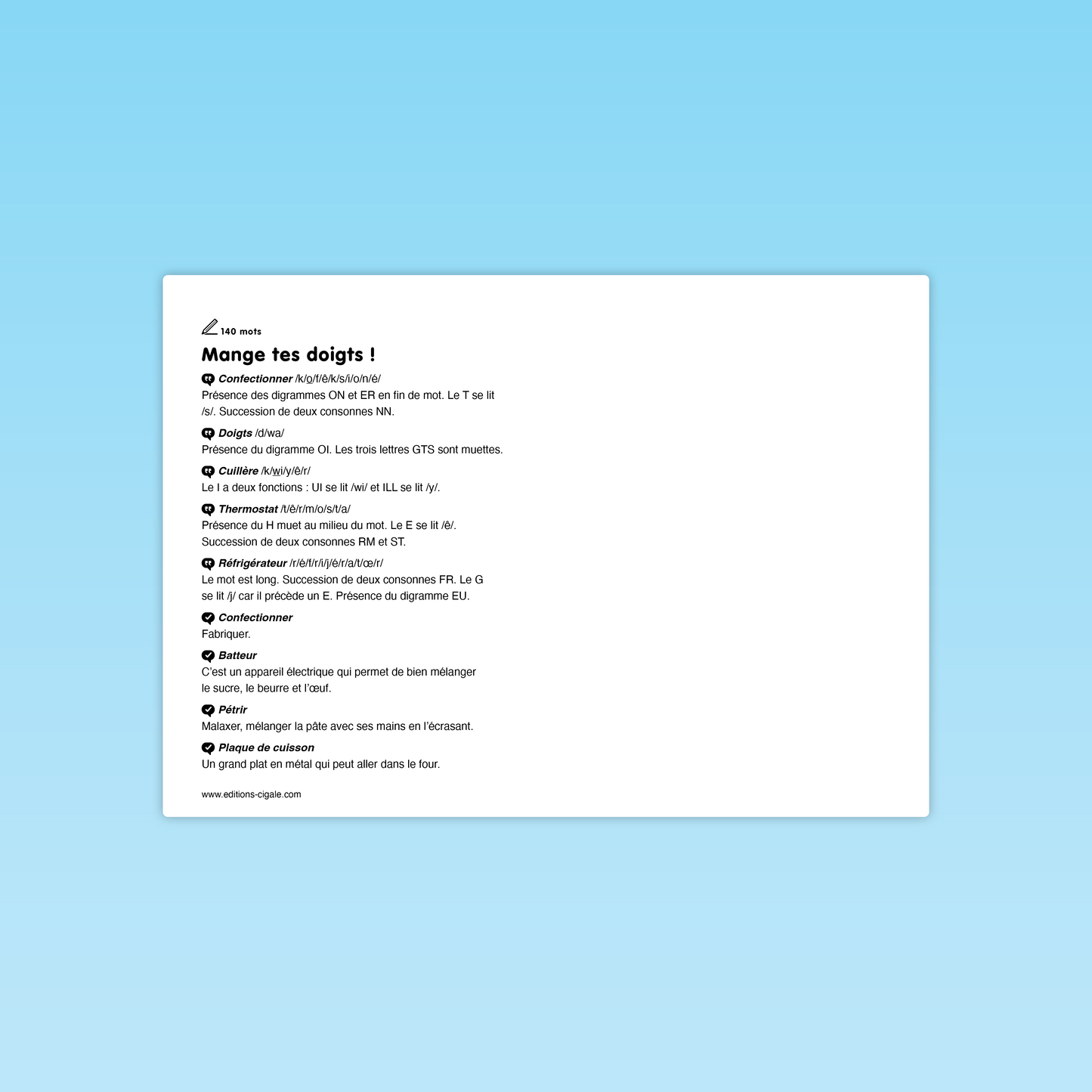 Lexique des mots à décoder – texte Mange tes doigts
