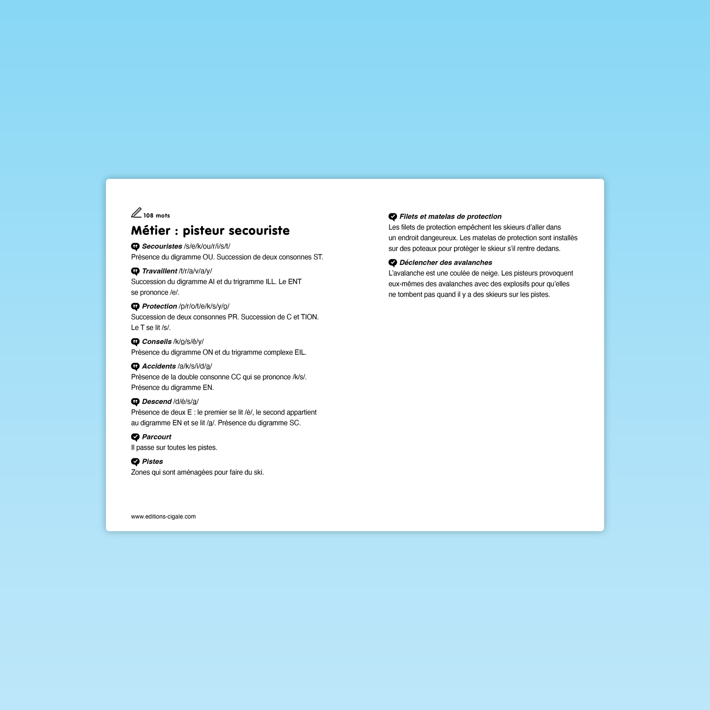 Lexique des mots à décoder – texte Pisteur secouriste
