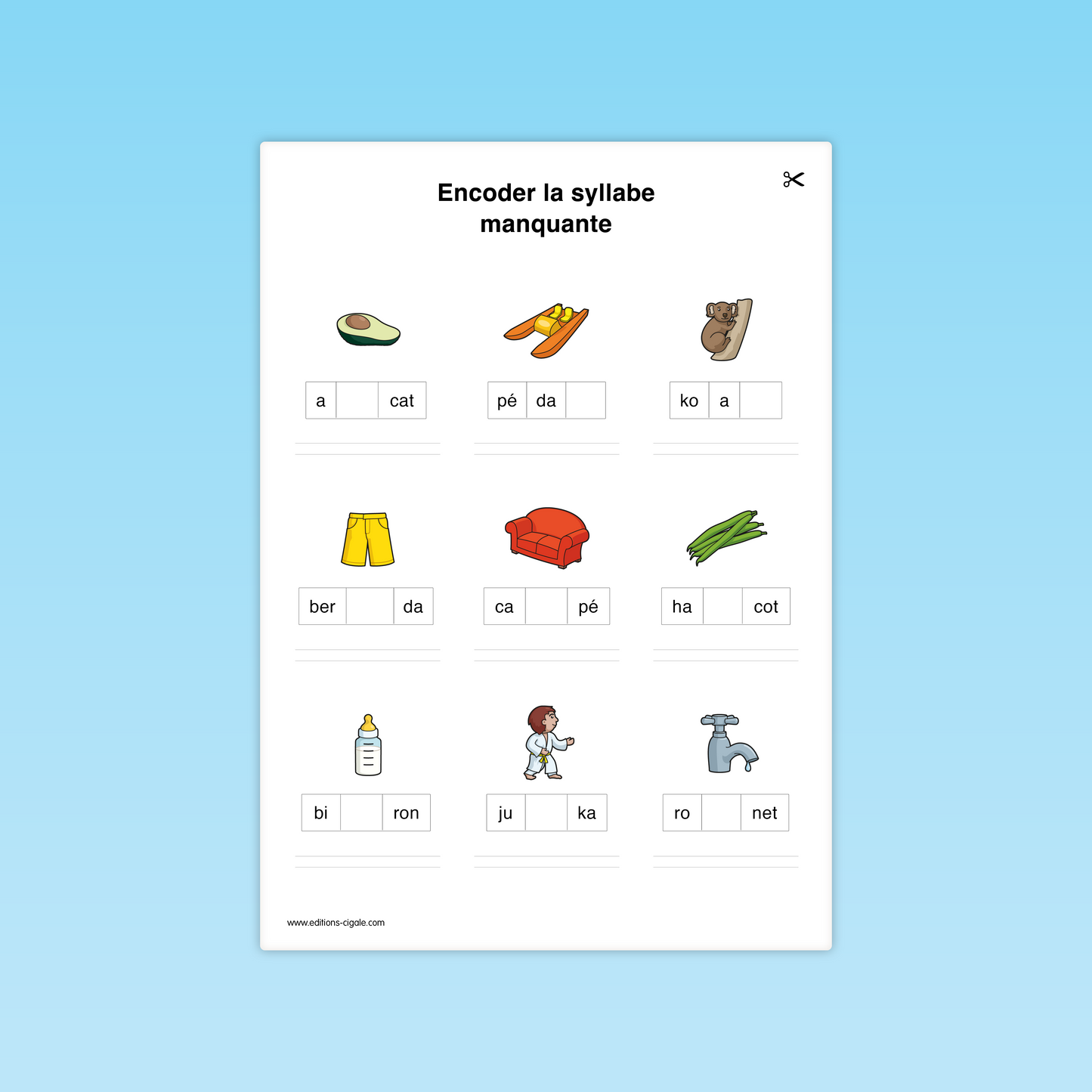 Activité combinatoire CP : encoder les syllabes simples à partir d’images (avocat, canapé, robinet).