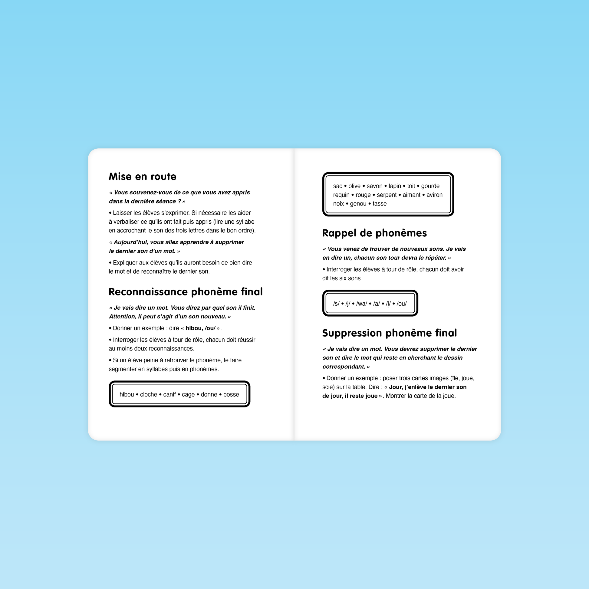 double page de consignes « mise en route », reconnaissance du phonème final, rappel des phonèmes et suppression du phonème final, avec encadrés de listes et instructions détaillées