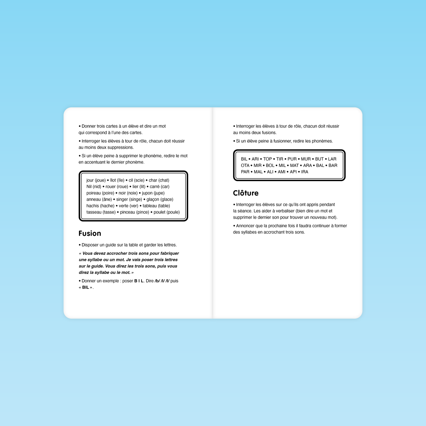 double page de consignes pour suppression et fusion phonémique, liste de mots exemples et encadré de syllabes (BIL, ARI, TOP…) suivies de la clôture de la séance