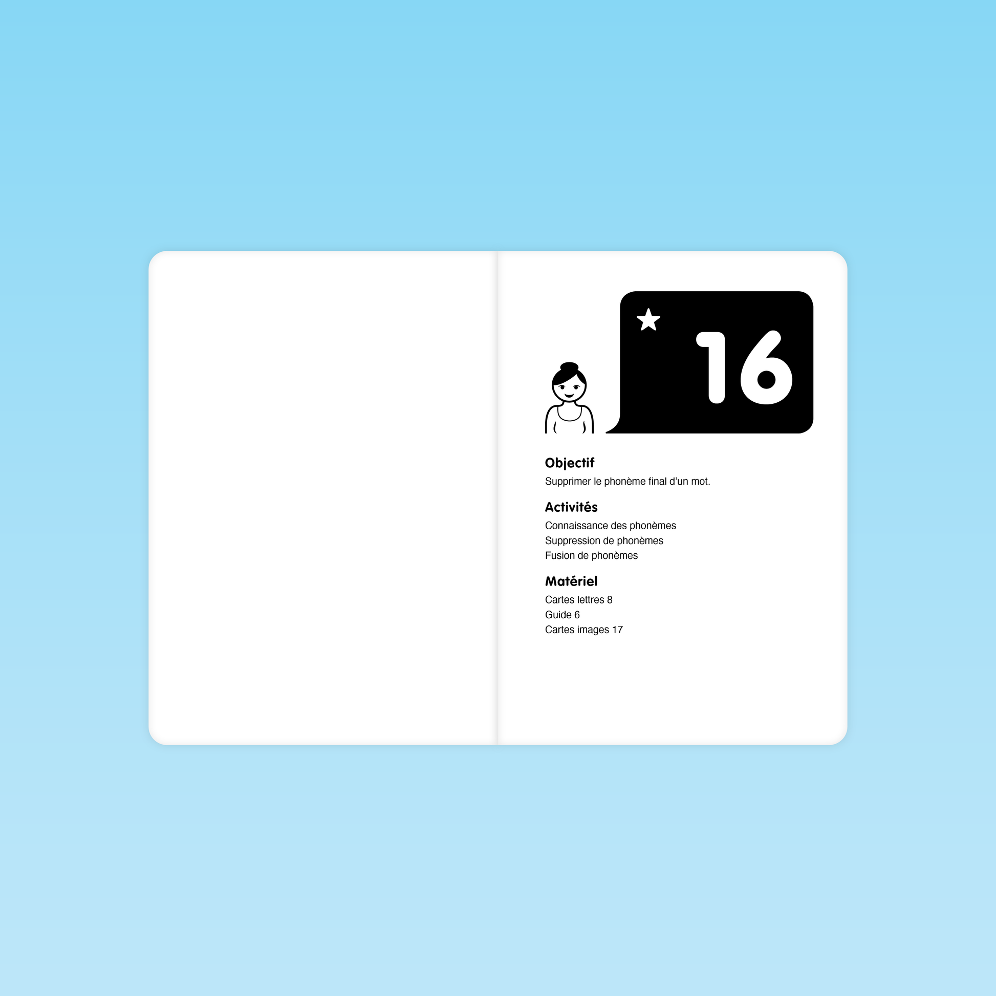 double page d’introduction de la séance 16 avec icône d’enseignant, encadré « 16 », objectif « supprimer le phonème final », liste des activités et matériel nécessaire