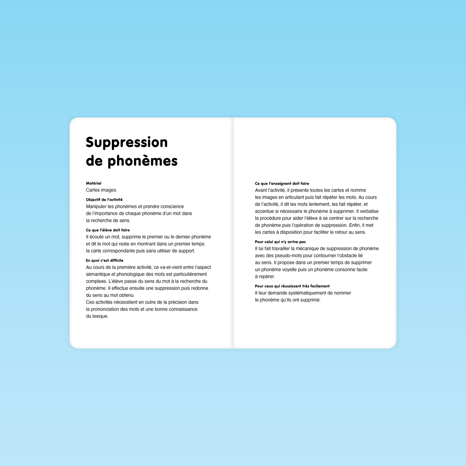 double page de consignes pour l’activité de suppression des phonèmes, présentant matériel (cartes images), objectif, déroulé, conseils pour l’enseignant et adaptations pour élèves en difficulté et très à l’aise