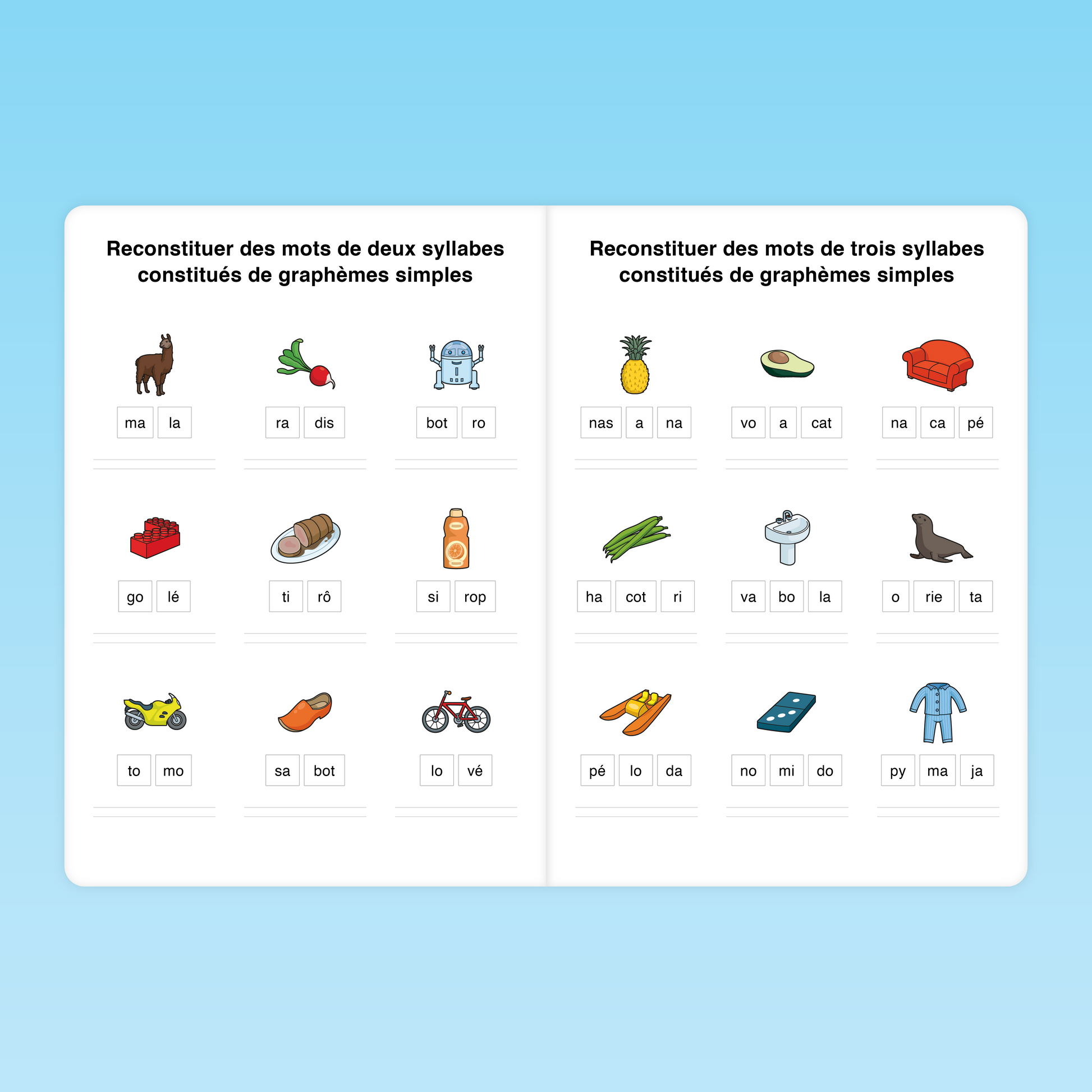 Reconstituer des mots de deux ou trois syllabes en CP à partir de graphèmes simples – exercice de combinatoire syllabique