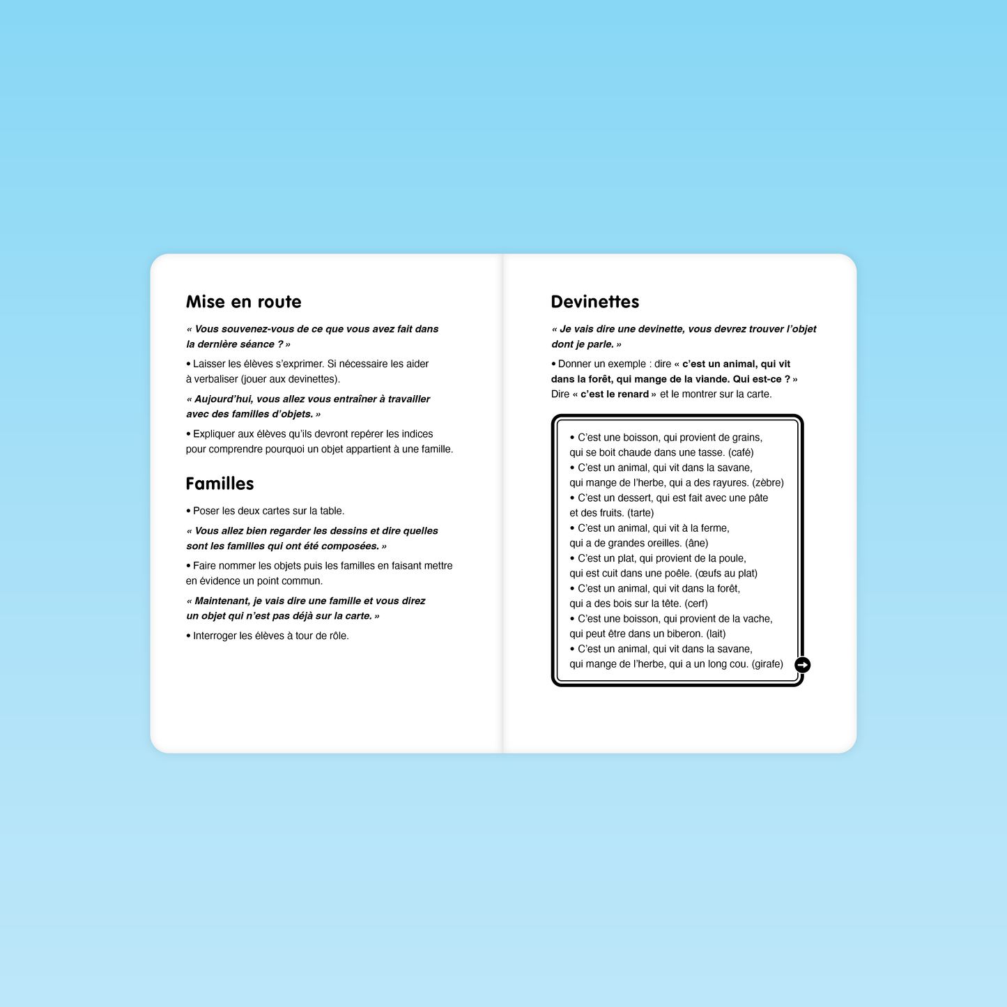Activité sur les familles d’objets avec consignes et devinettes pour identifier les objets