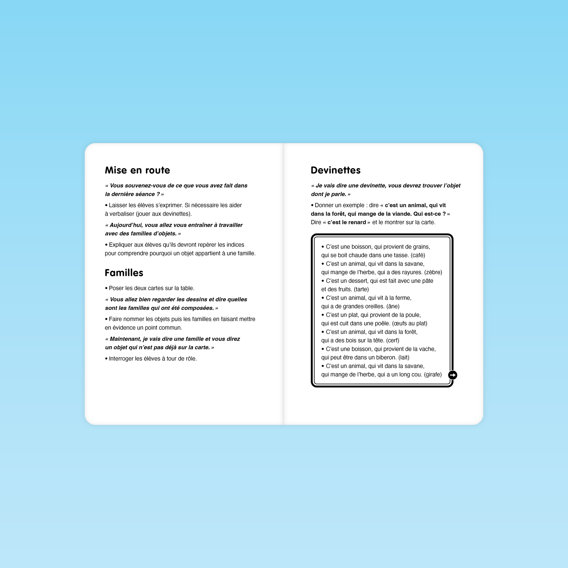 Activité sur les familles d’objets avec consignes et devinettes pour identifier les objets