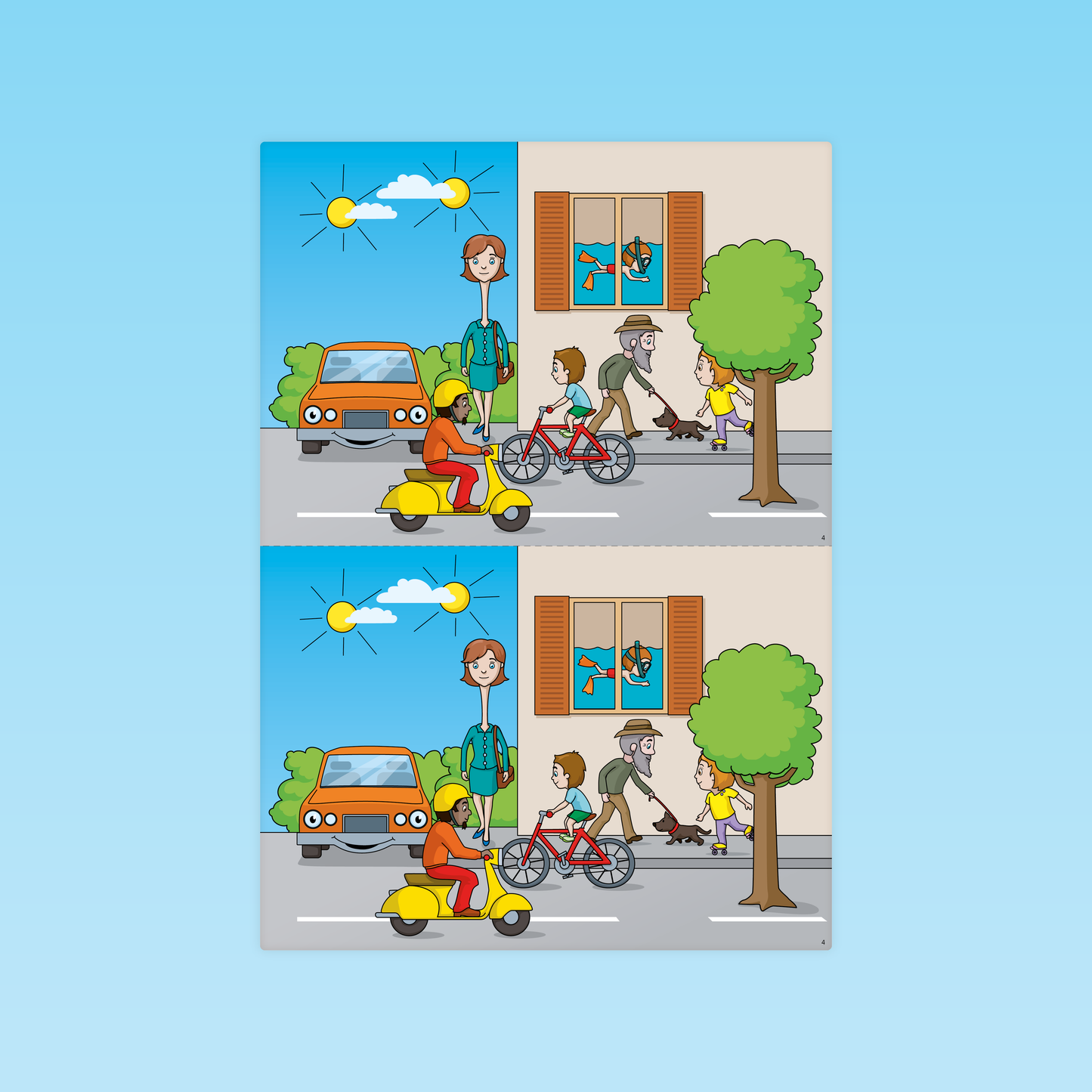 planche d’affiches MS en niveaux de gris pour repérer les différences dans une grande scène urbaine avec scooter, vélo, piétons et arbre