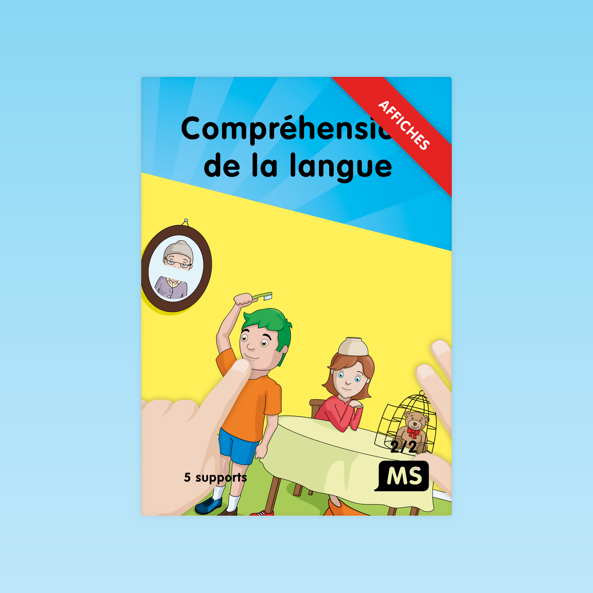 affiche MS montrant la séquence du brossage de dents avec un enfant, un miroir, un portrait de grand-mère et une peluche en cage