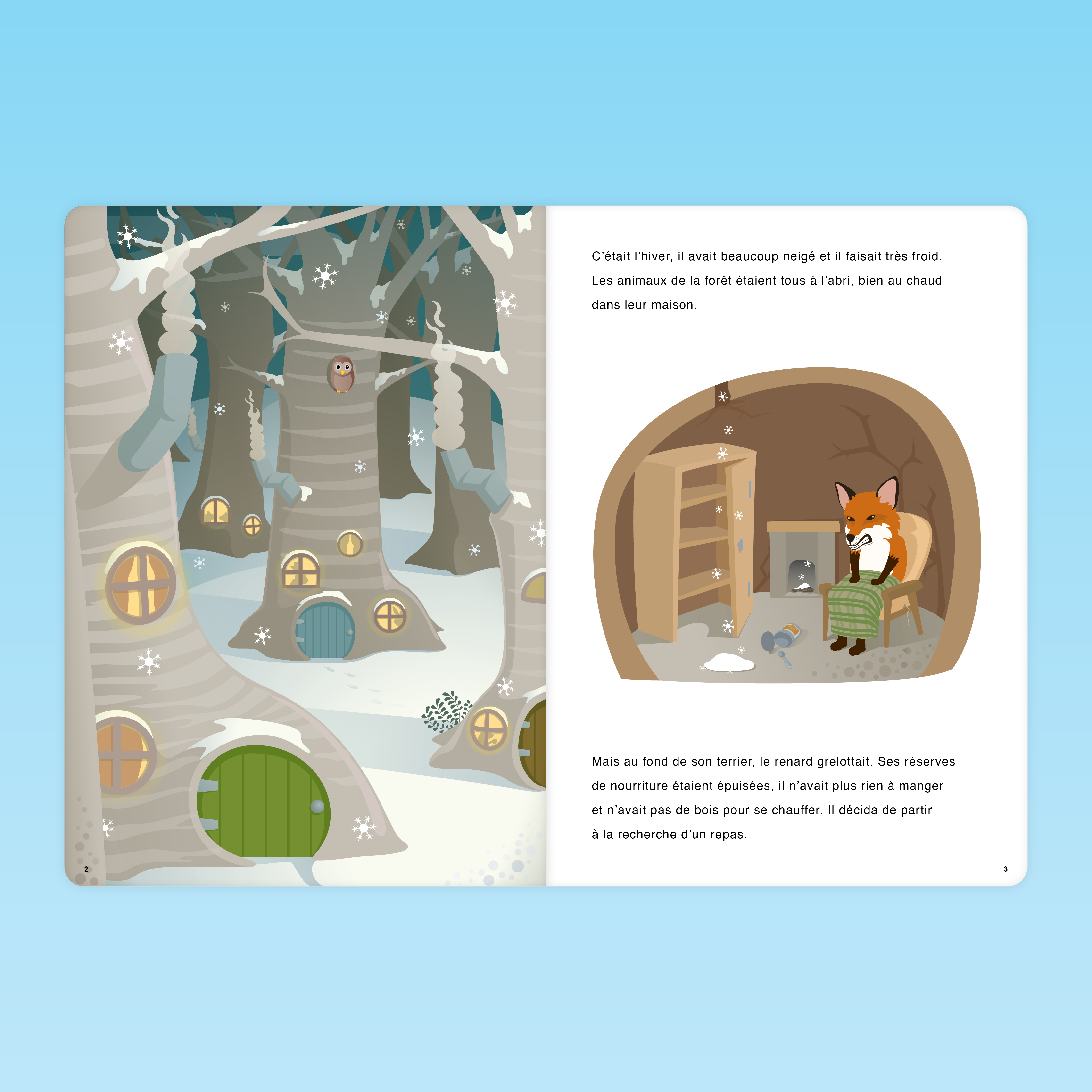 Pages 2 et 3 de l’album enseignant La soupe aux cailloux avec la forêt enneigée et le renard