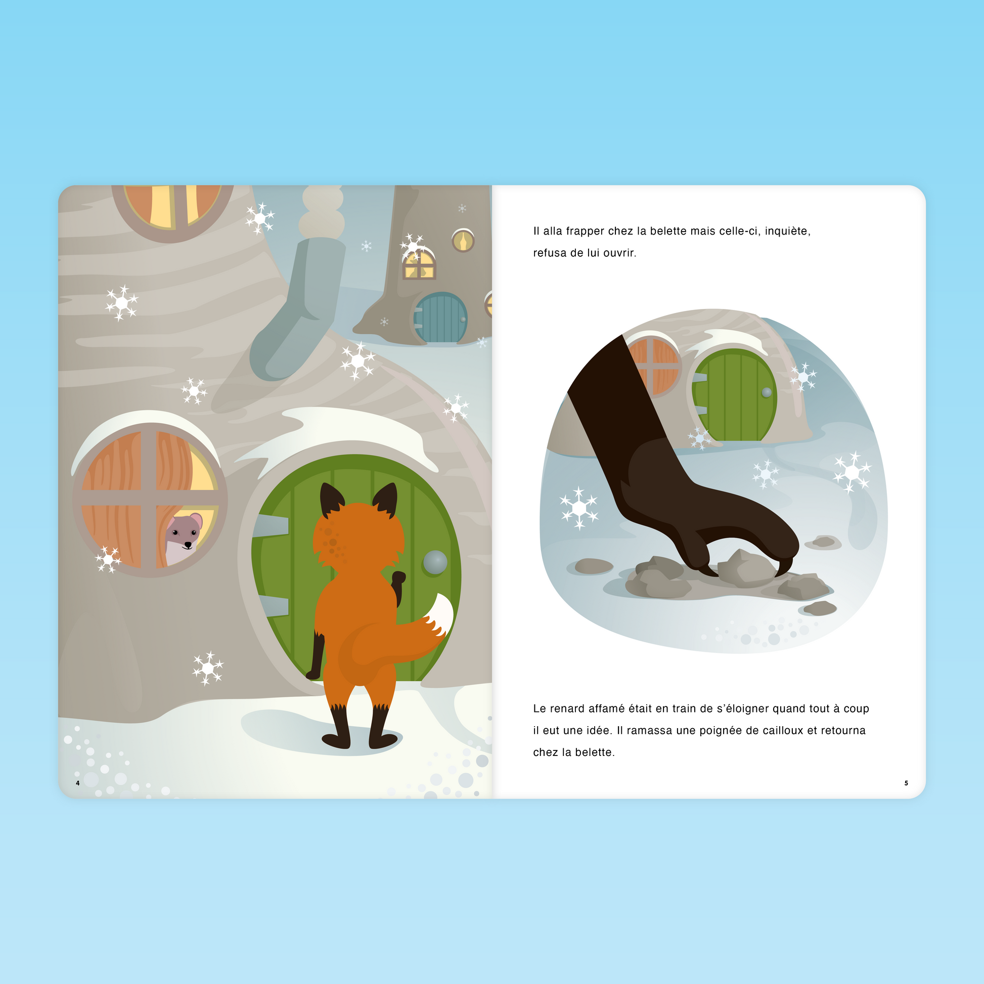 Pages 4 et 5 de l’album La soupe aux cailloux, le renard frappe chez la belette sous la neige