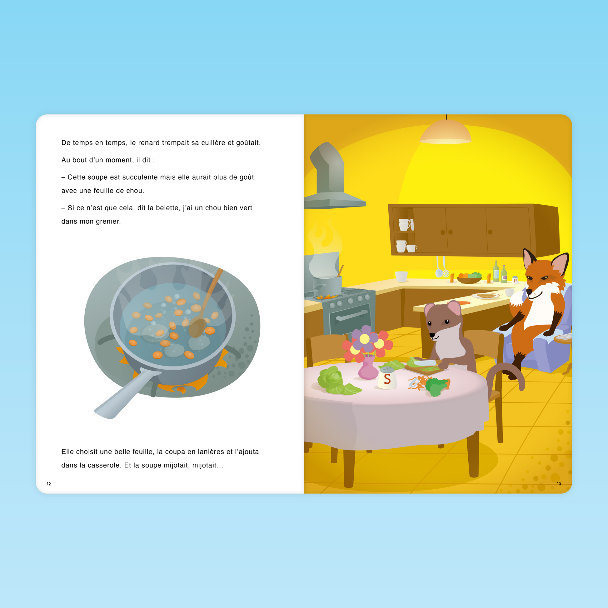 Le renard et la belette ajoutent une feuille de chou dans la soupe aux cailloux dans l’album enseignant