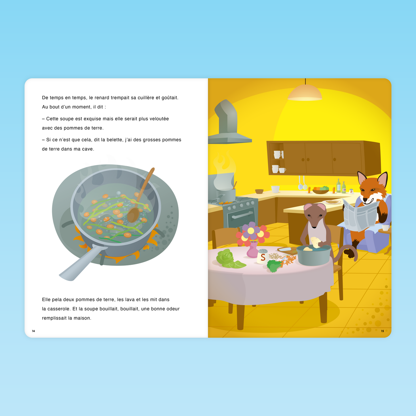 La belette épluche des pommes de terre pendant que le renard lit dans l’album enseignant La soupe aux cailloux