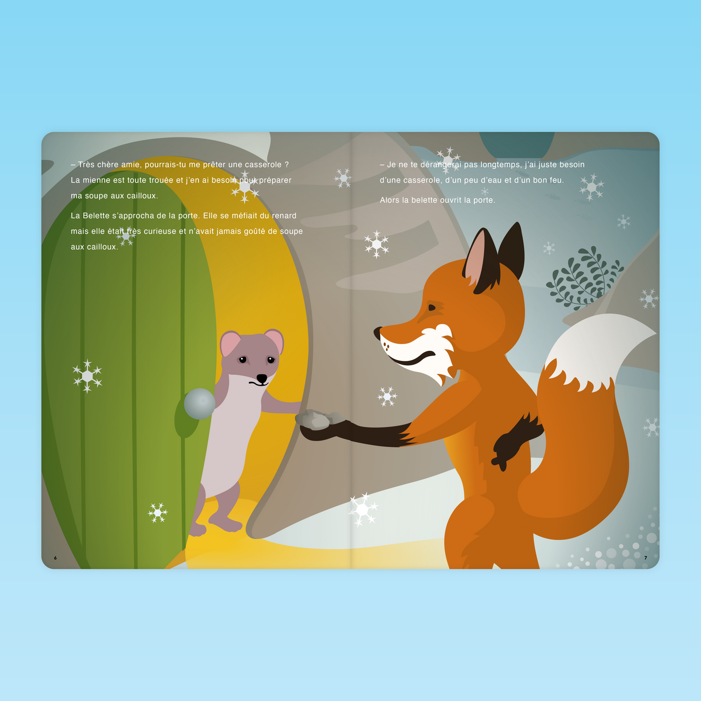 Le renard tend un caillou à la belette devant sa porte dans l’album La soupe aux cailloux