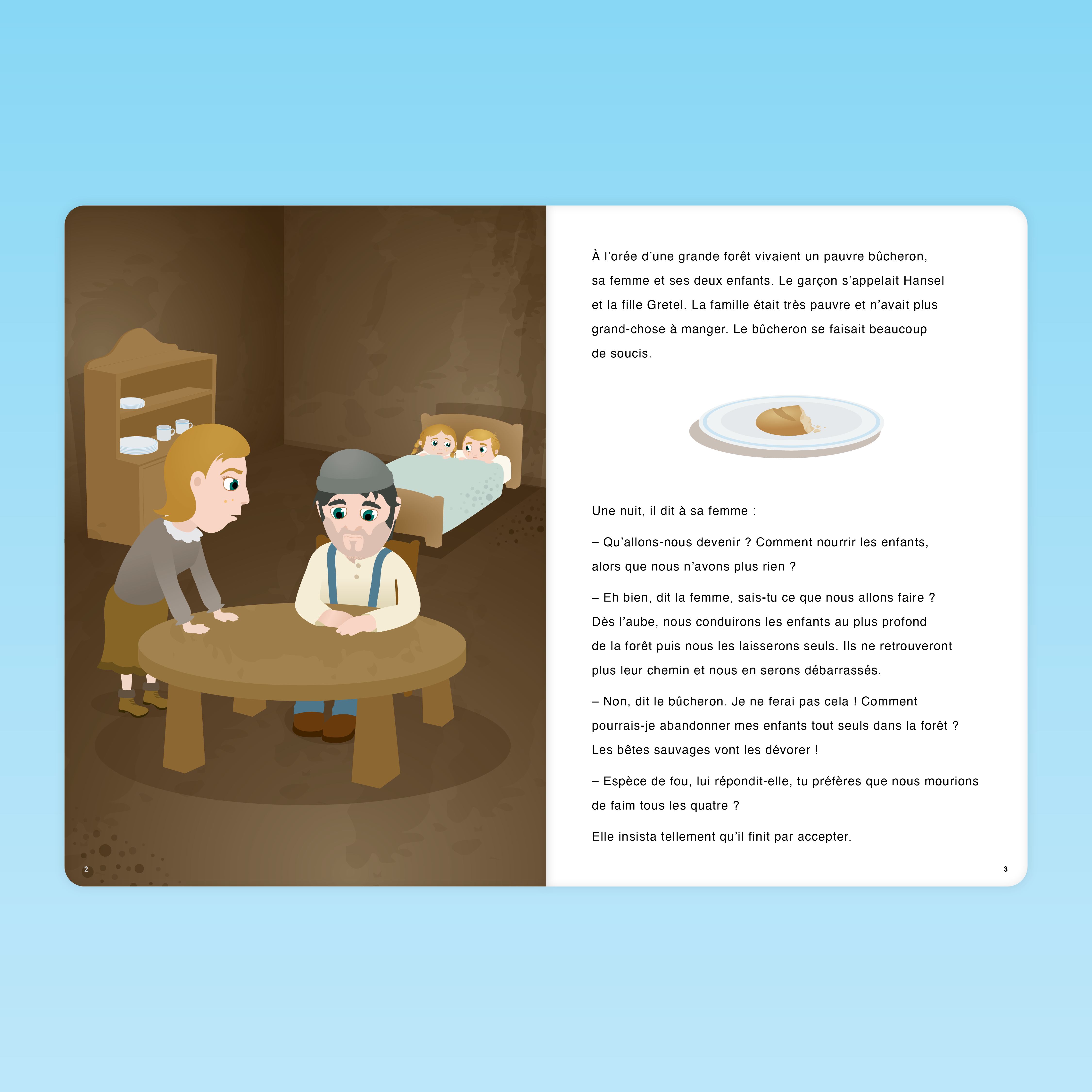 illustration de l’album enseignant Hansel et Gretel avec les parents inquiets et les enfants dans une maison pauvre