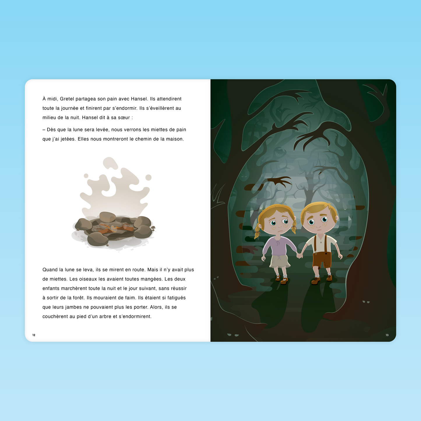 Hansel et Gretel perdus dans la forêt la nuit, affamés et fatigués après avoir suivi des miettes disparues