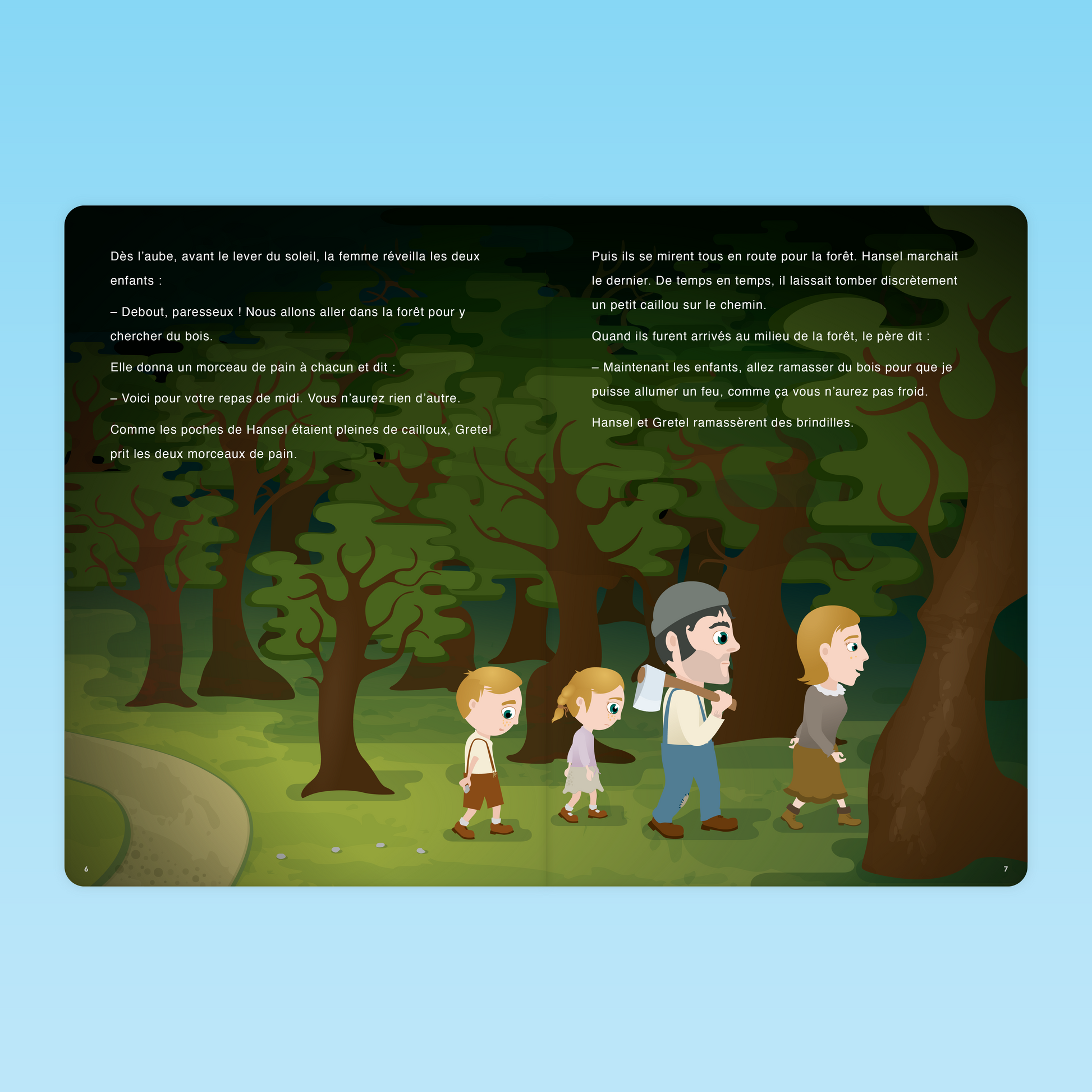 Hansel et Gretel partant dans la forêt avec leurs parents, laissant des cailloux et ramassant du bois