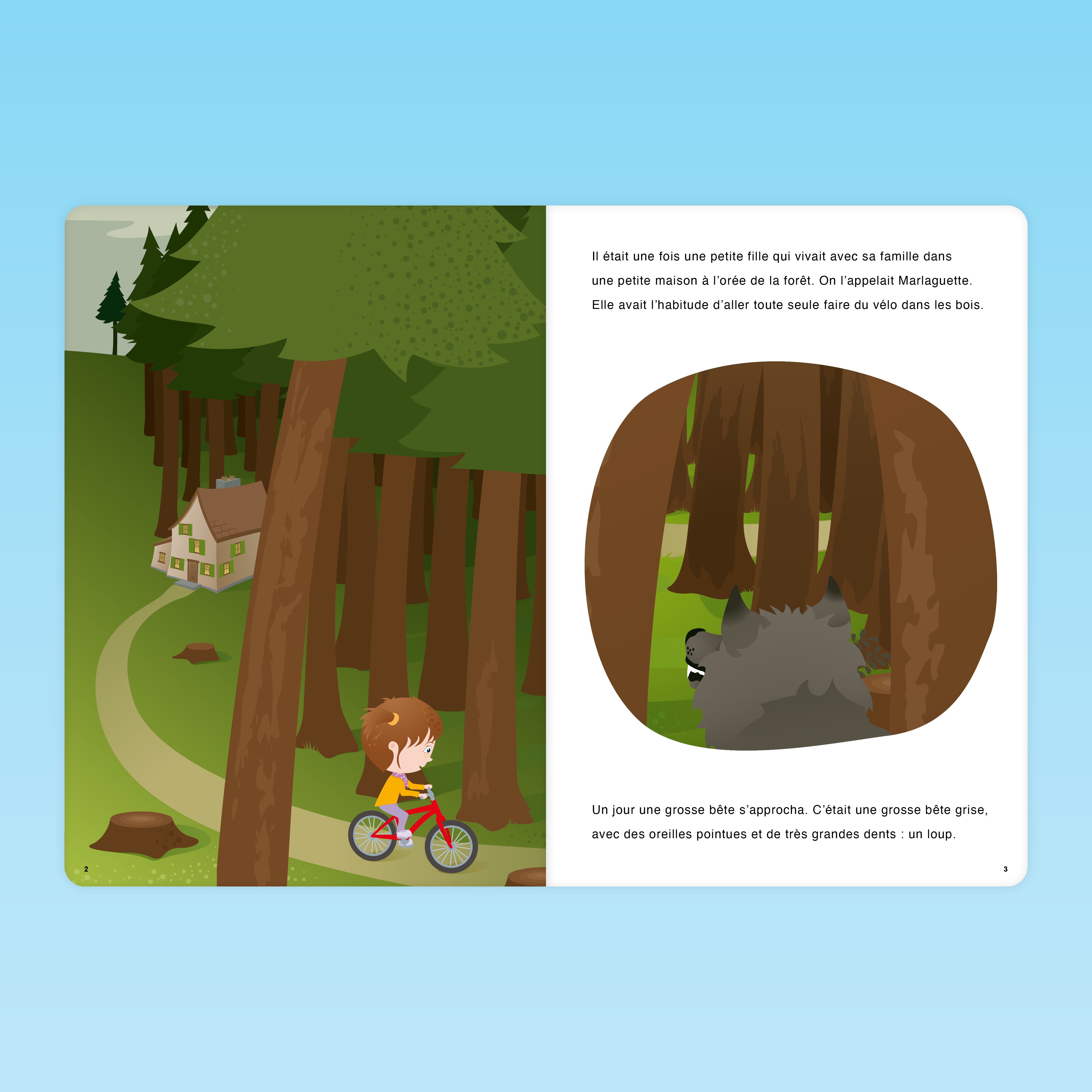 début de l’histoire Marlaguette CP avec la fillette à vélo et le loup dans la forêt, texte narratif illustré