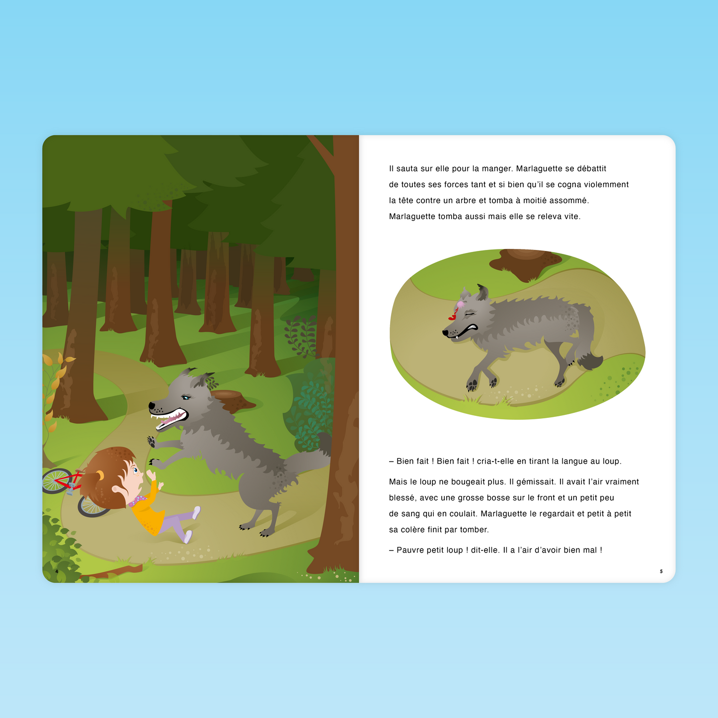Marlaguette face au loup dans la forêt, scène de danger et de courage avec texte narratif
