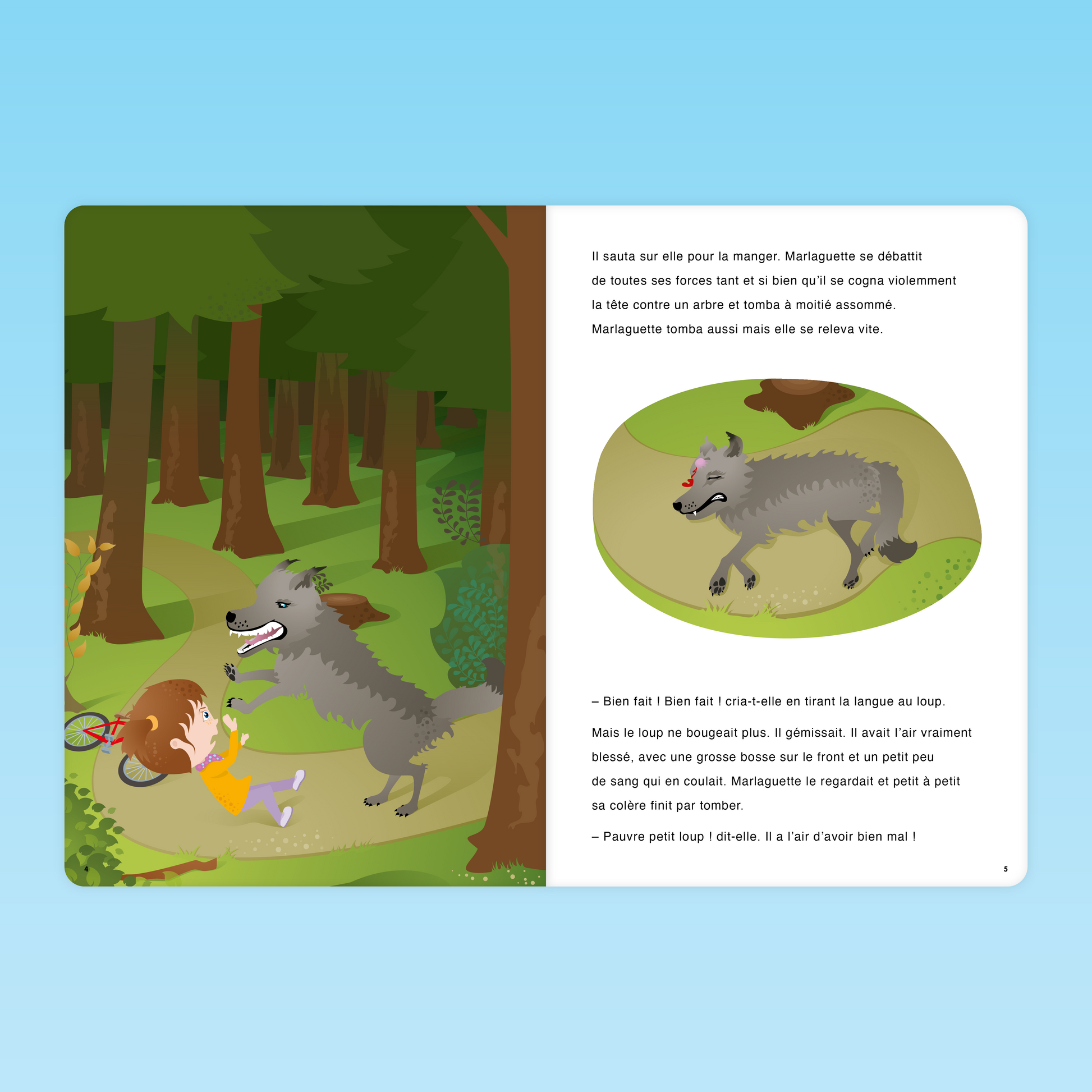 Marlaguette face au loup dans la forêt, scène de danger et de courage avec texte narratif