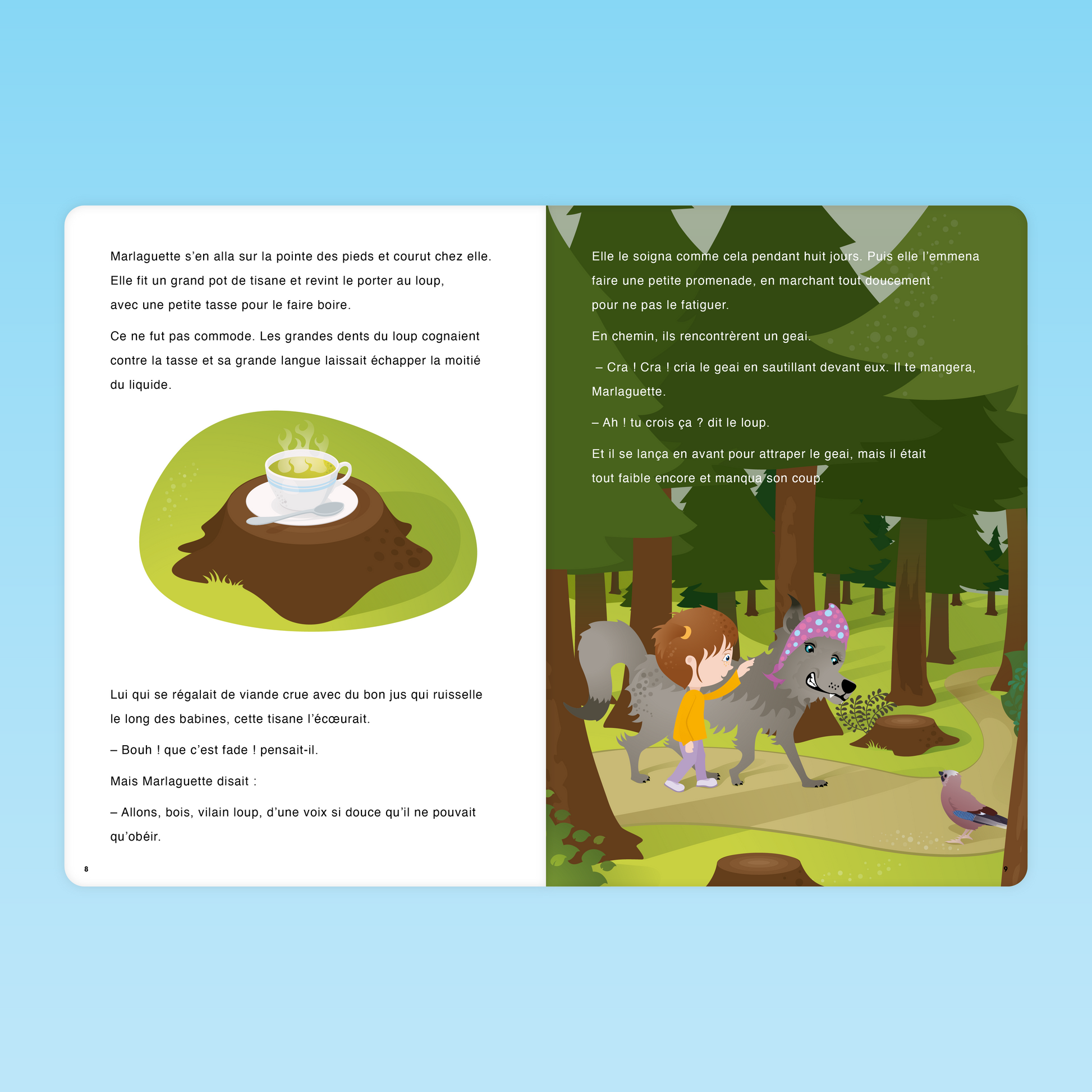 Marlaguette donne une tisane au loup et l’emmène en promenade, scène éducative illustrée du conte pour enseignants
