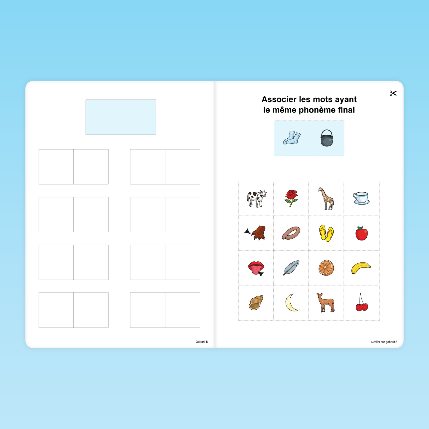 fiche CP pour associer des mots ayant le même phonème final à l’aide d’illustrations simples à découper et coller