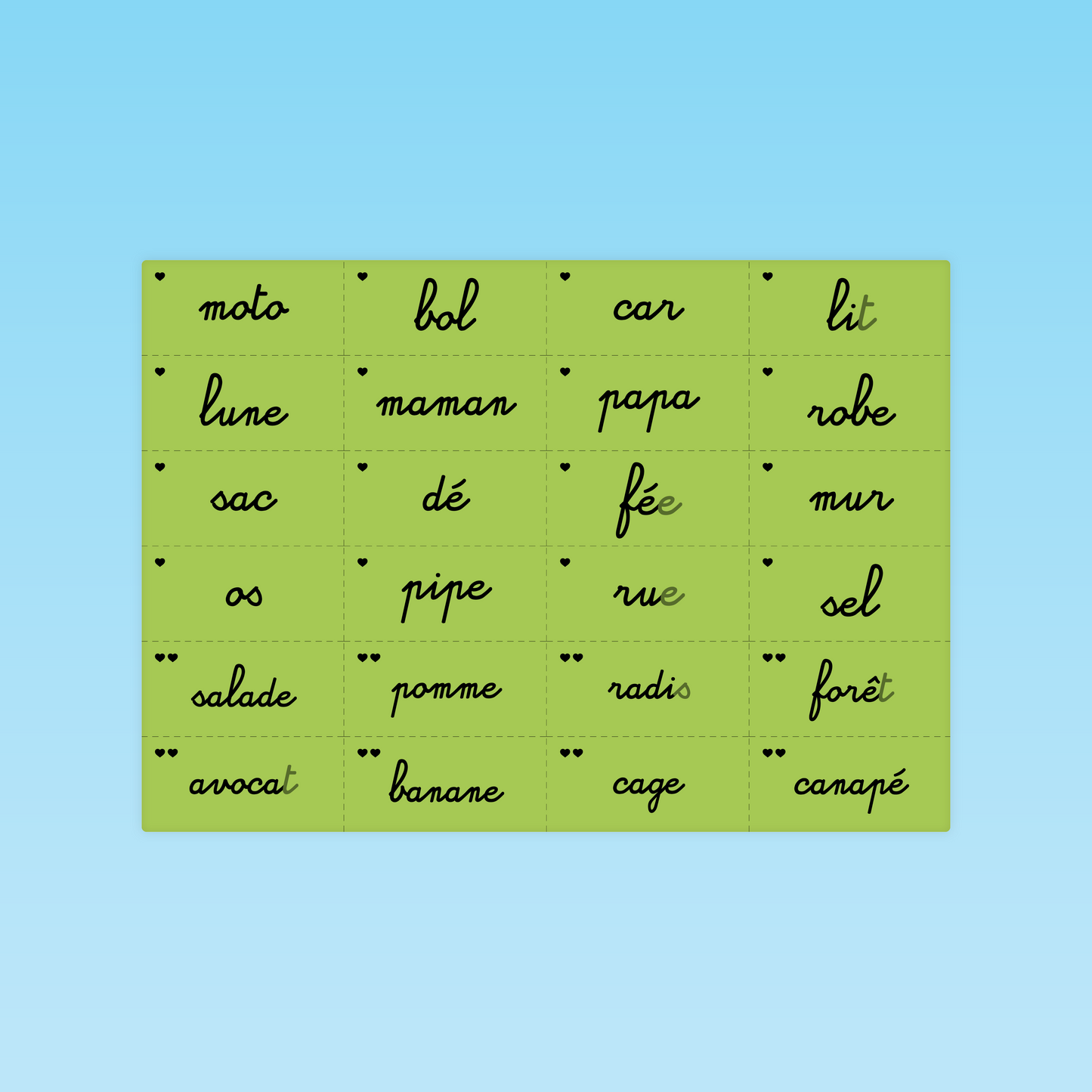 planche de mots à copier du module mots réguliers sur fond vert