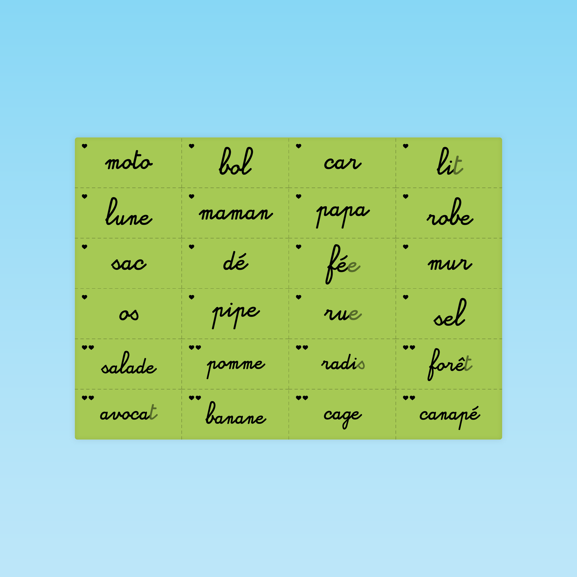 planche de mots à copier du module mots réguliers sur fond vert
