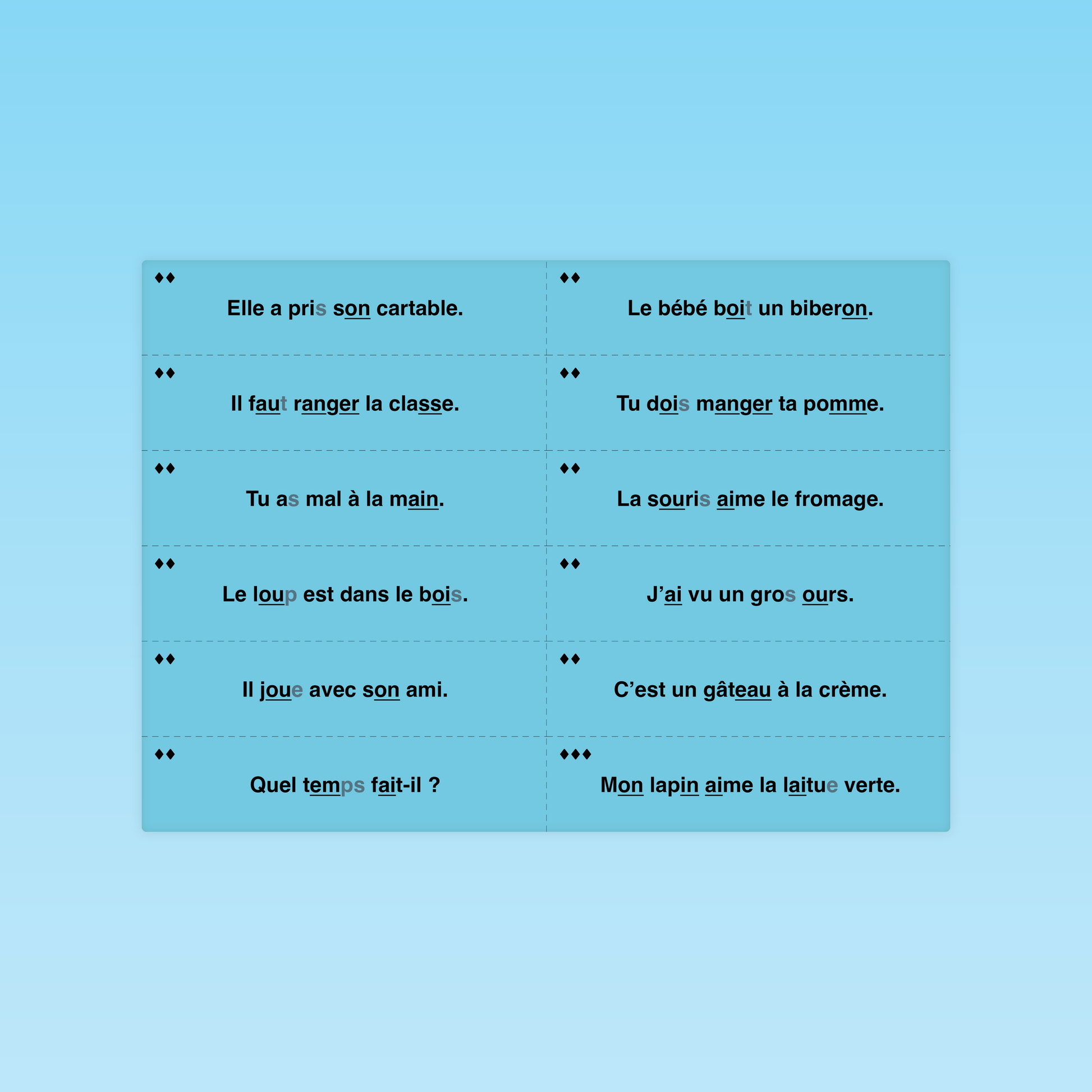 planche de phrases à copier du module phrases simples sur fond bleu