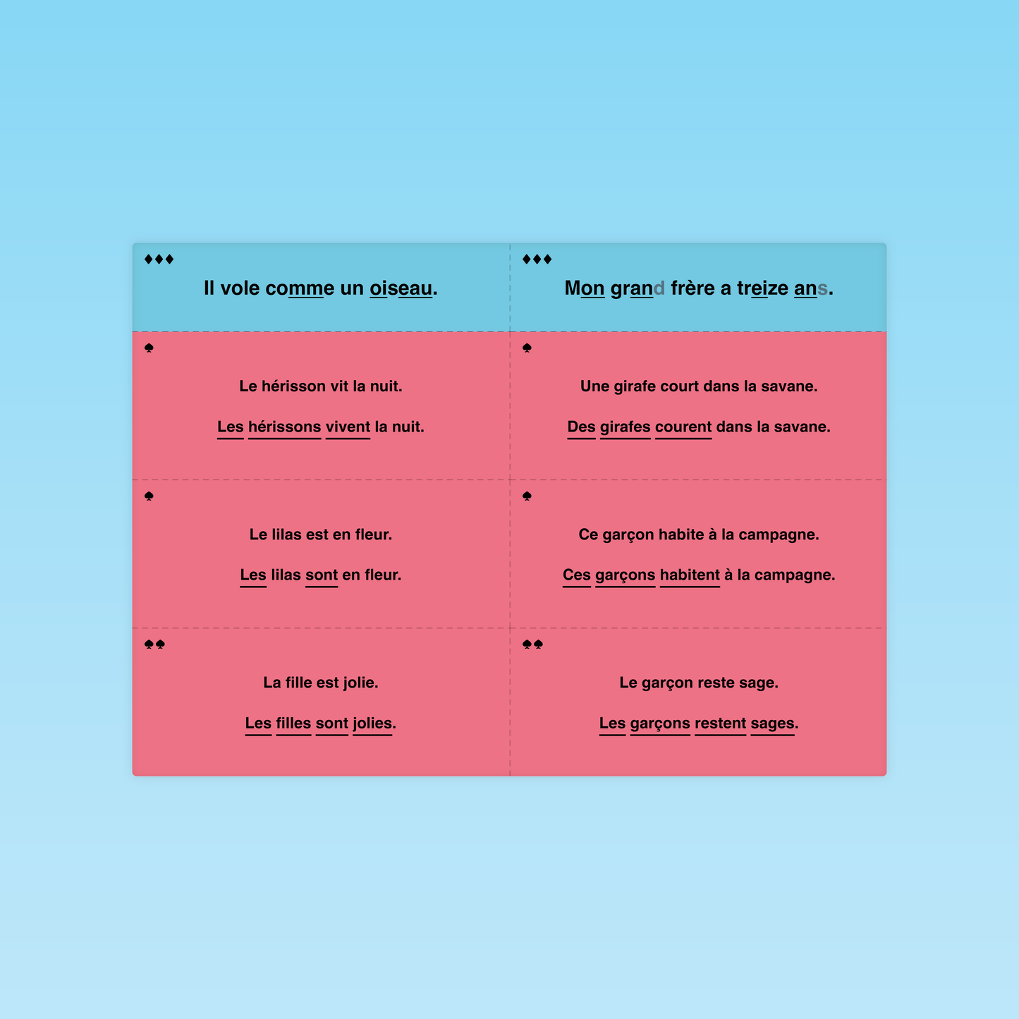planche de phrases au singulier et au pluriel sur fond rose, module pluriel