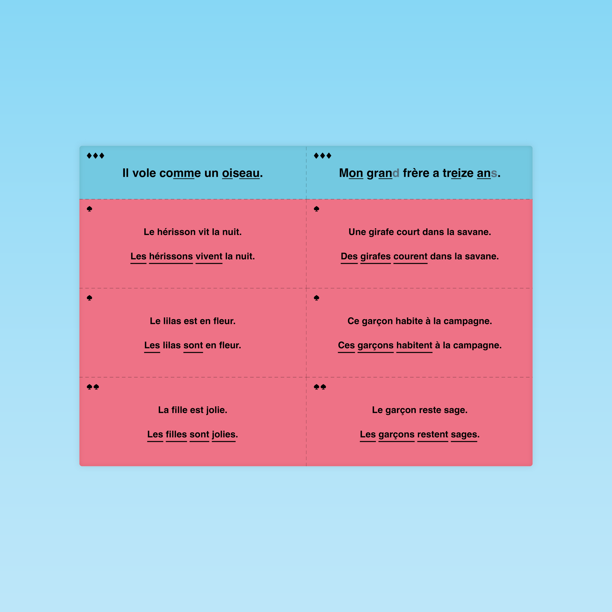 planche de phrases au singulier et au pluriel sur fond rose, module pluriel