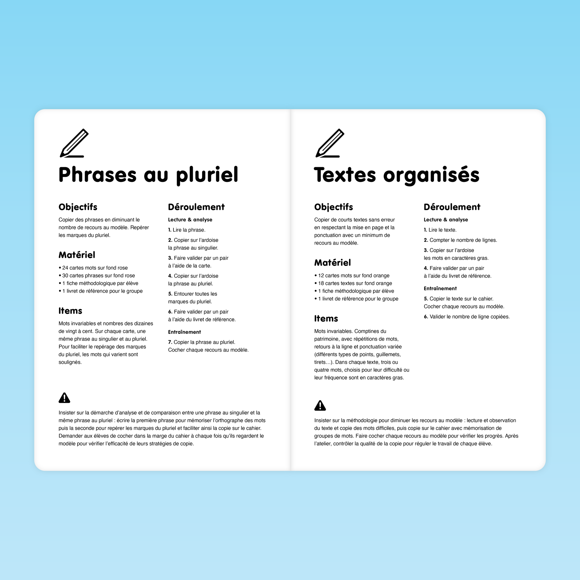 modules phrases au pluriel et textes organisés de l'Atelier Copie pour le CP et CE