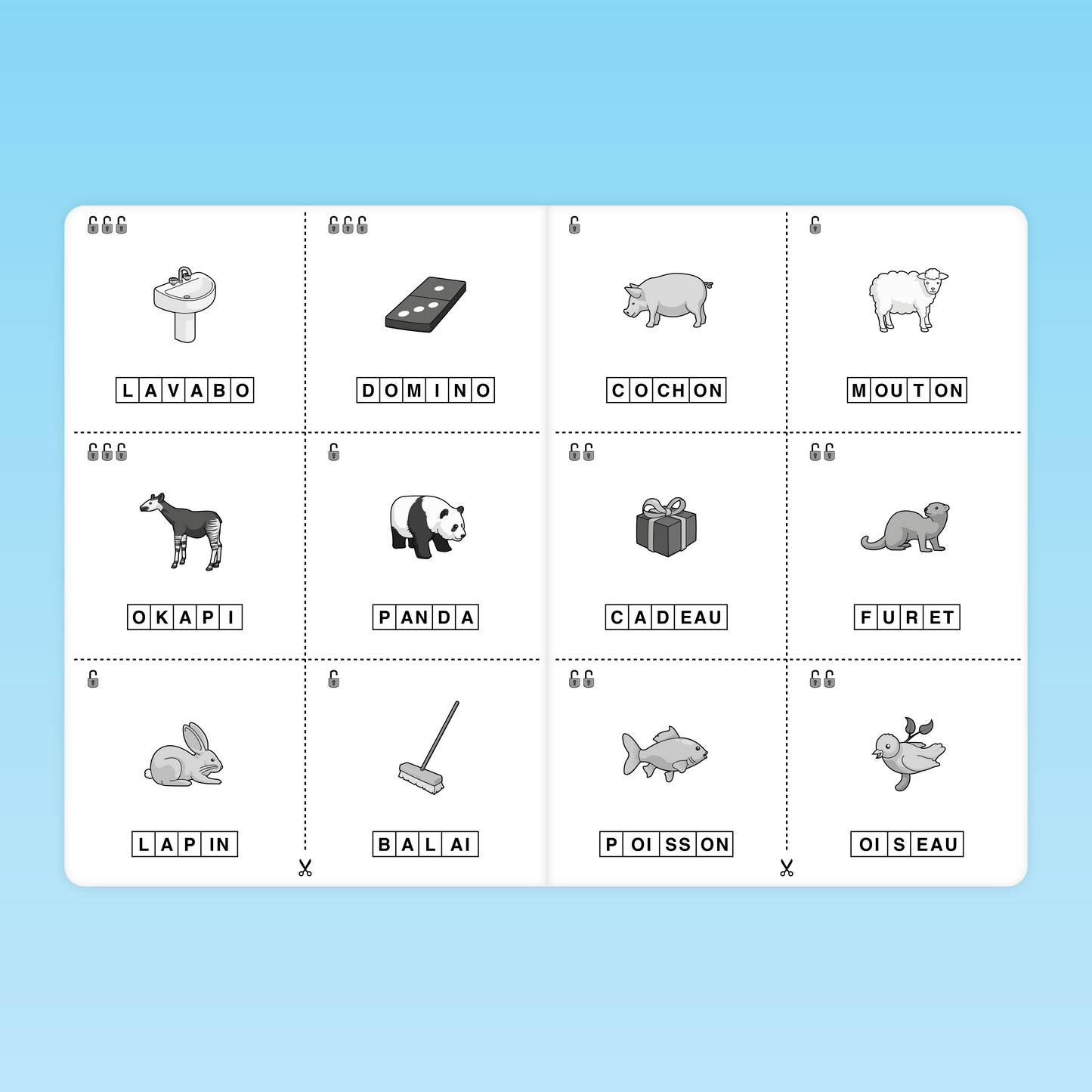 Cartes à découper illustrant les signes graphiques pour l'atelier Grapho Logic GS