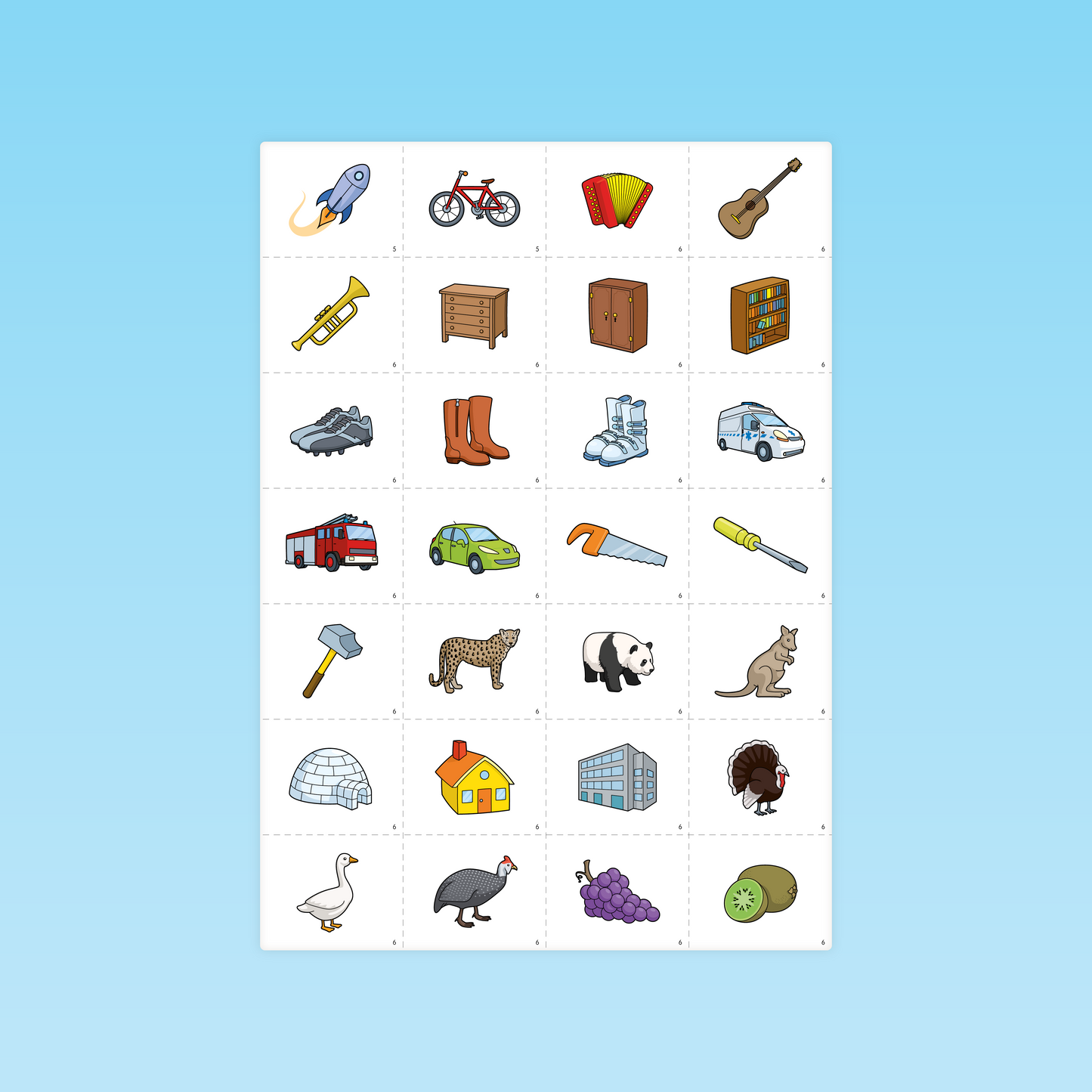 Planche de cartes illustrées pour le jeu Memory Trio de l’atelier langage grande section