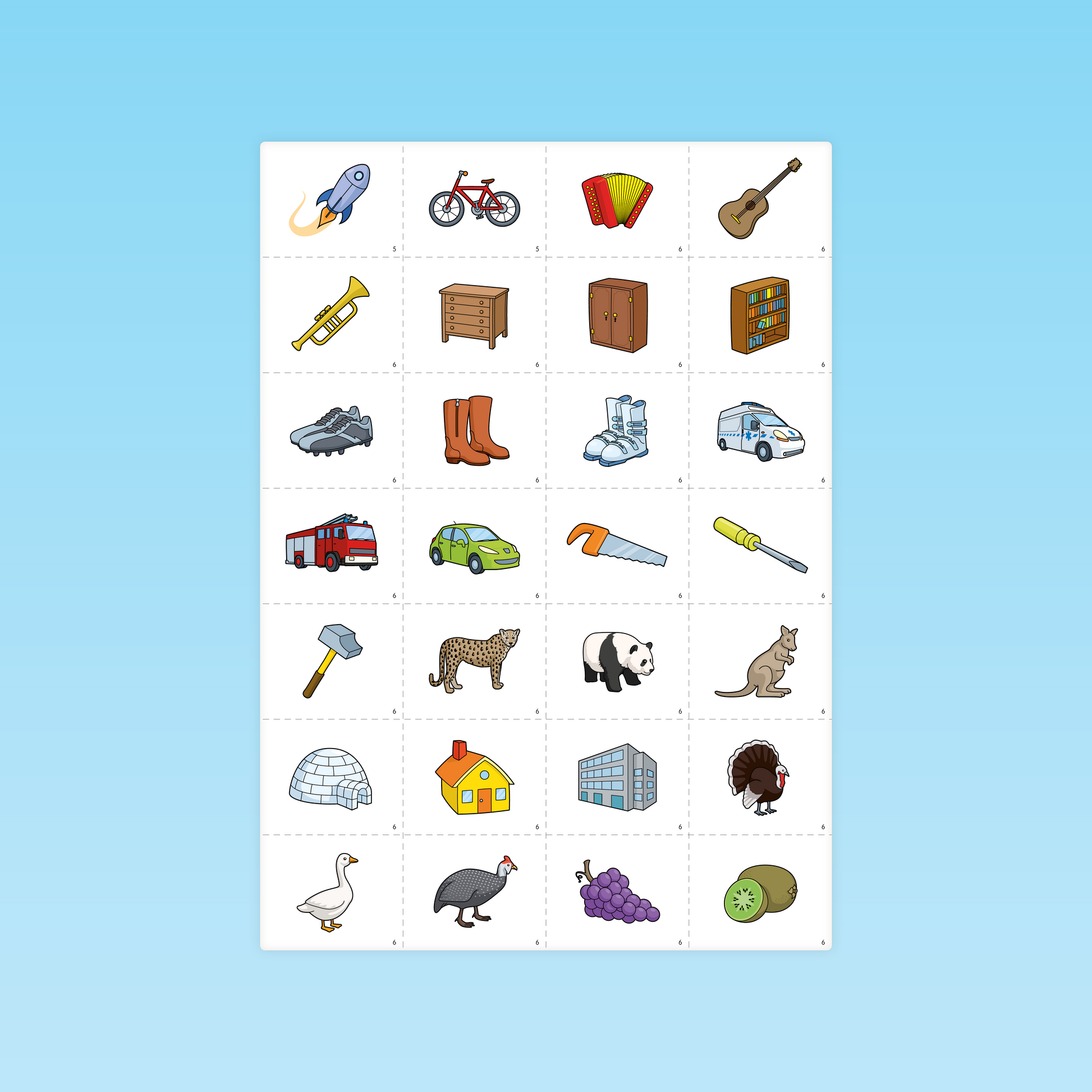 Planche de cartes illustrées pour le jeu Memory Trio de l’atelier langage grande section