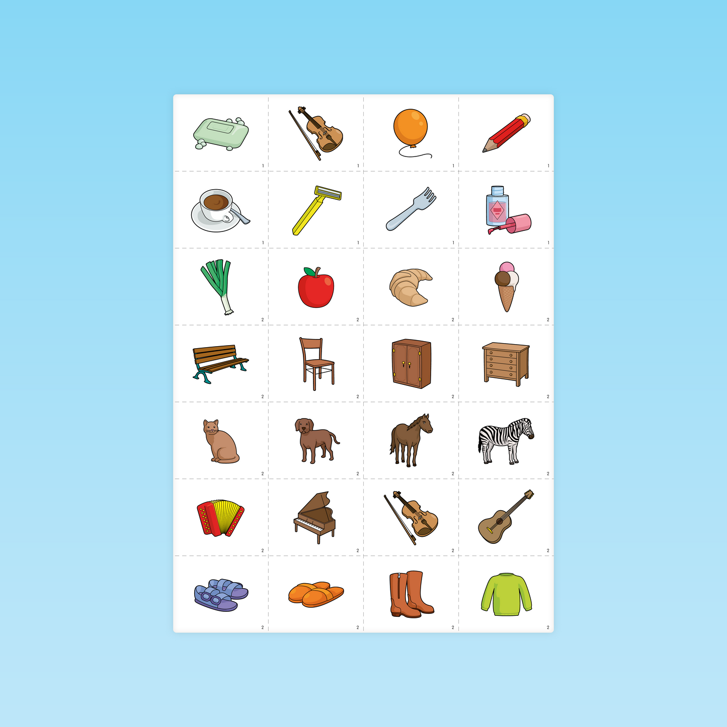 Planche de cartes illustrées utilisées pour le jeu Oui Non en langage grande section
