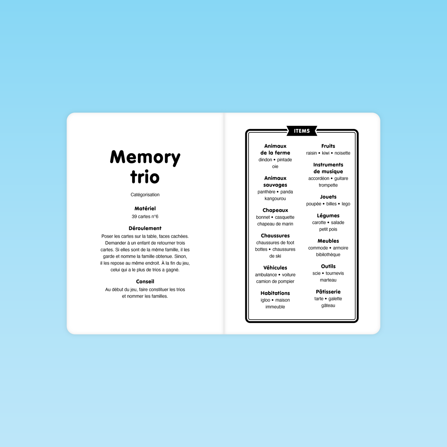 Règle du jeu Memory Trio et liste des catégories lexicales pour l'atelier langage grande section