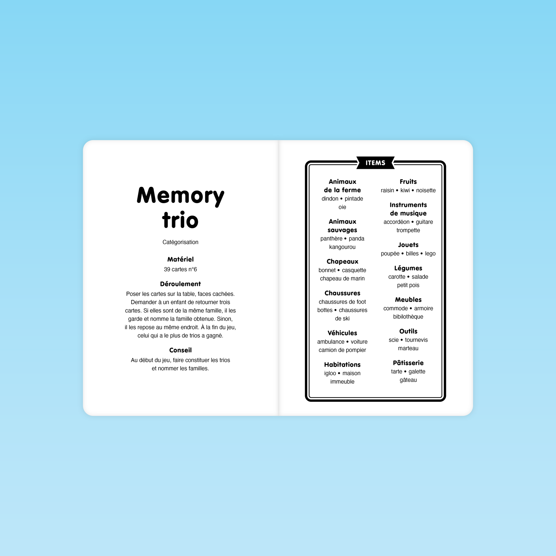 Règle du jeu Memory Trio et liste des catégories lexicales pour l'atelier langage grande section