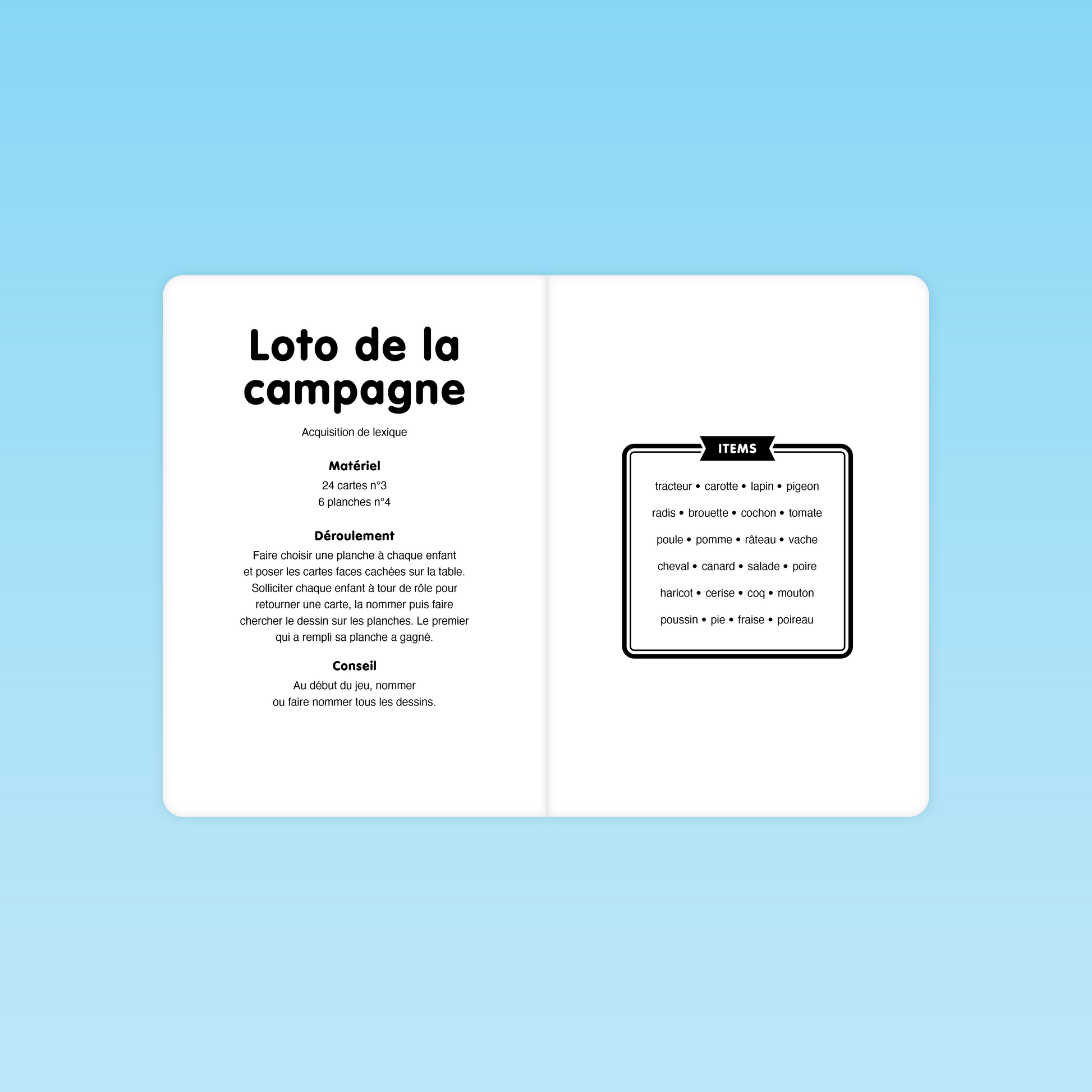Règles du jeu Loto de la campagne avec liste des mots à reconnaître