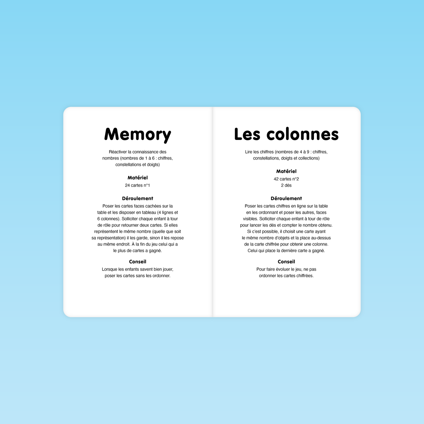 Règles des jeux Memory et Colonnes pour travailler les chiffres en grande section