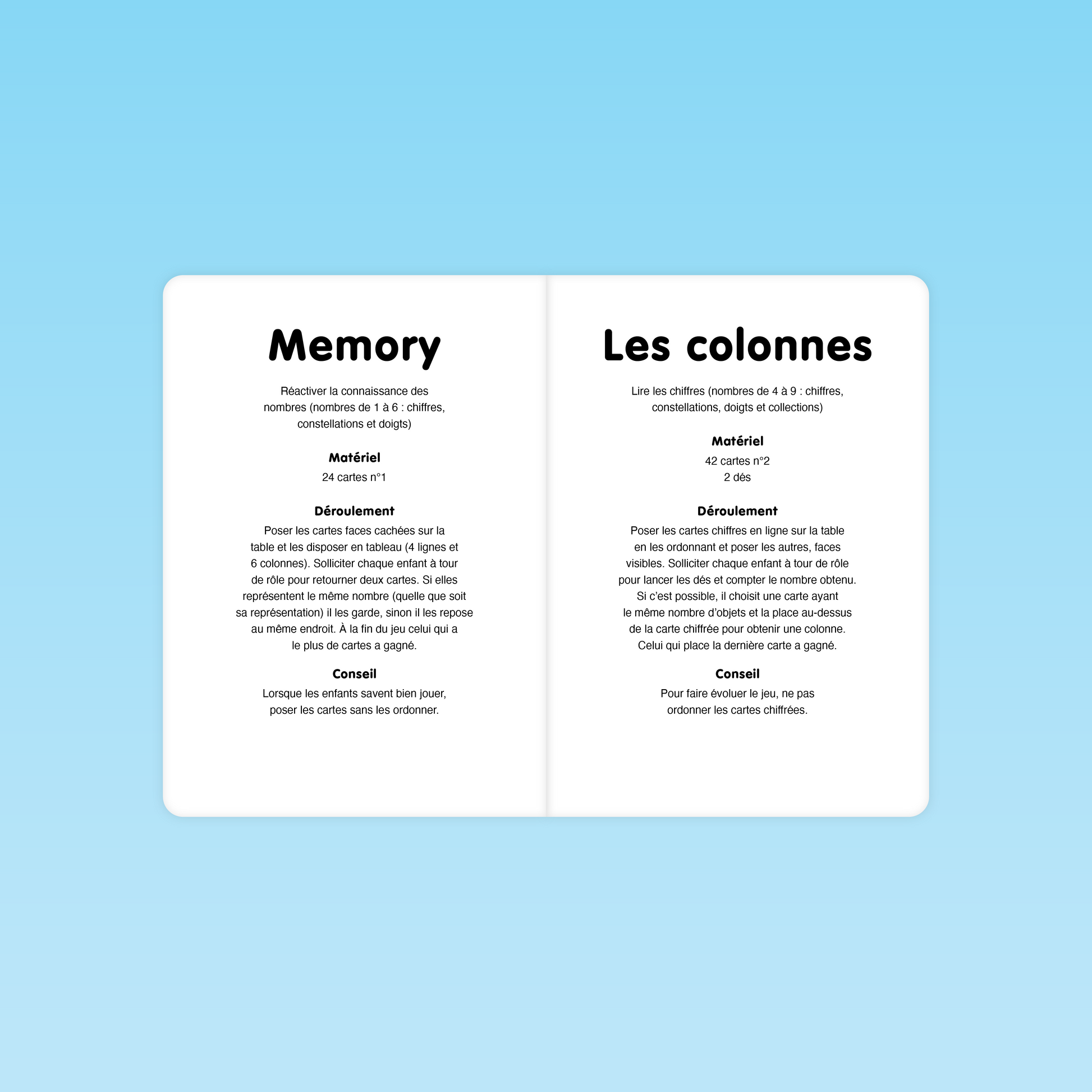 Règles des jeux Memory et Colonnes pour travailler les chiffres en grande section
