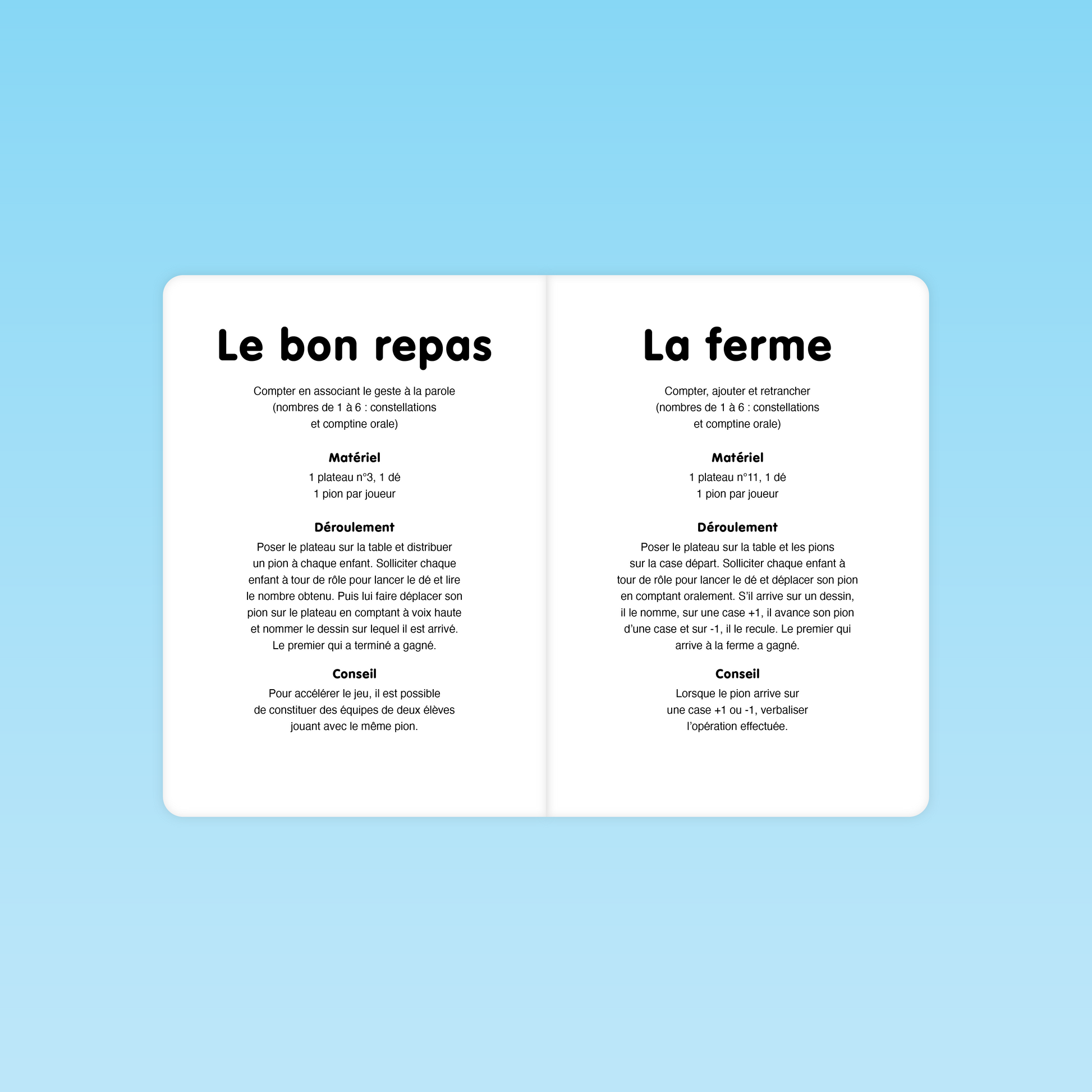 Fiches de consignes des jeux Le bon repas et La ferme pour apprendre à dénombrer