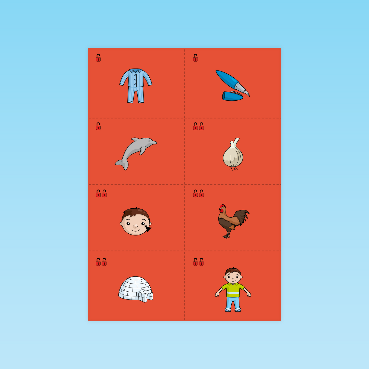 cartes images niveau rouge du jeu Ortho‑Logic avec illustrations pour encodage orthographique