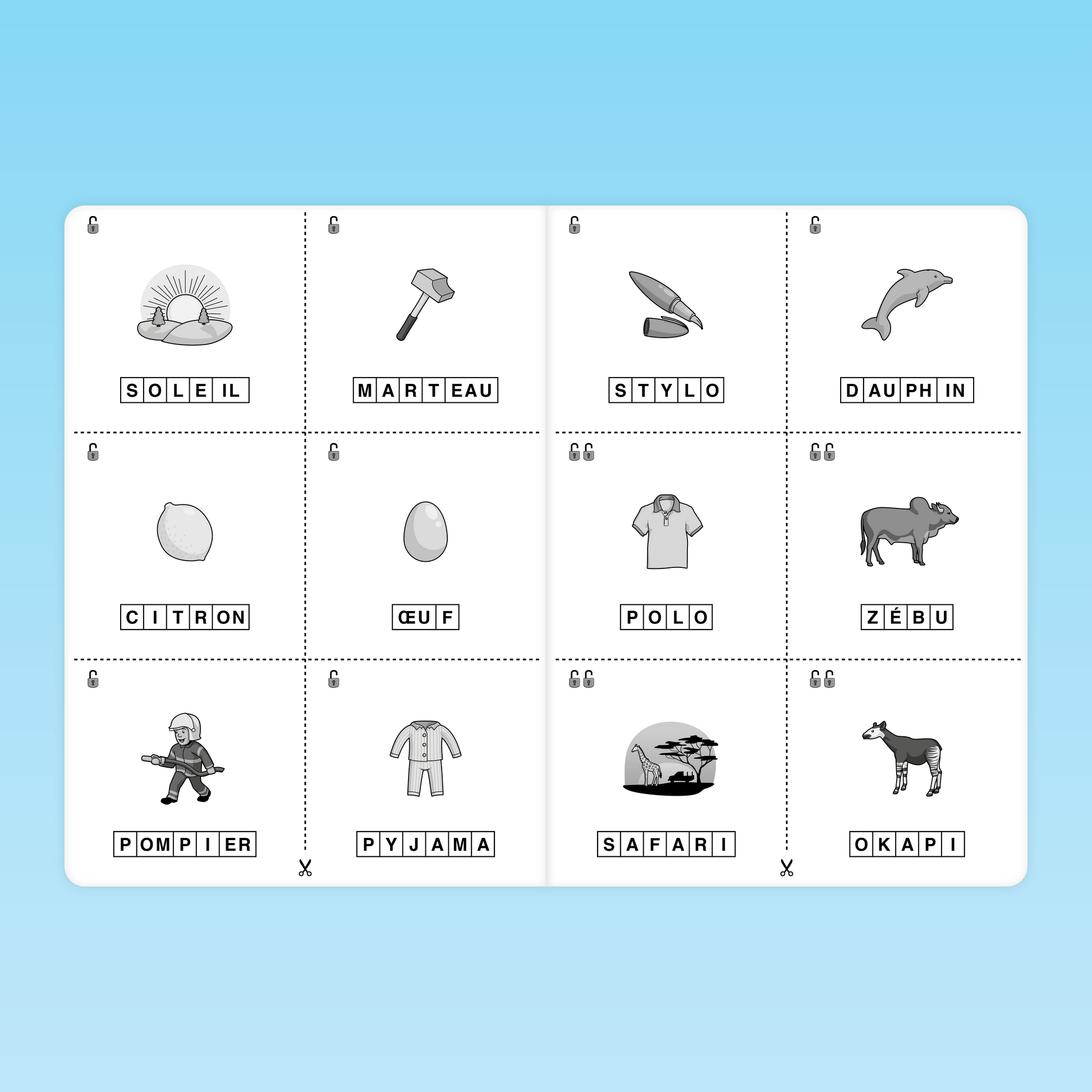 cartes illustrées du jeu Atelier Ortho‑Logic pour encoder des mots complexes