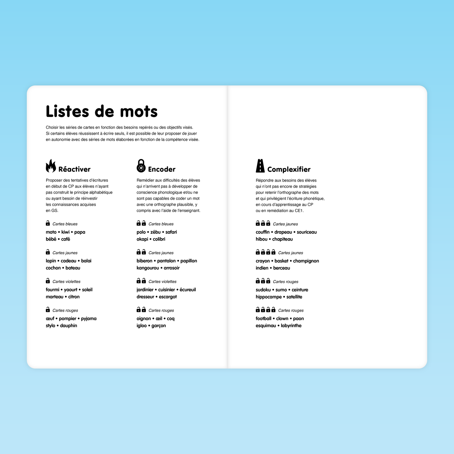 listes de mots par couleur de cartes pour réactiver, encoder et complexifier