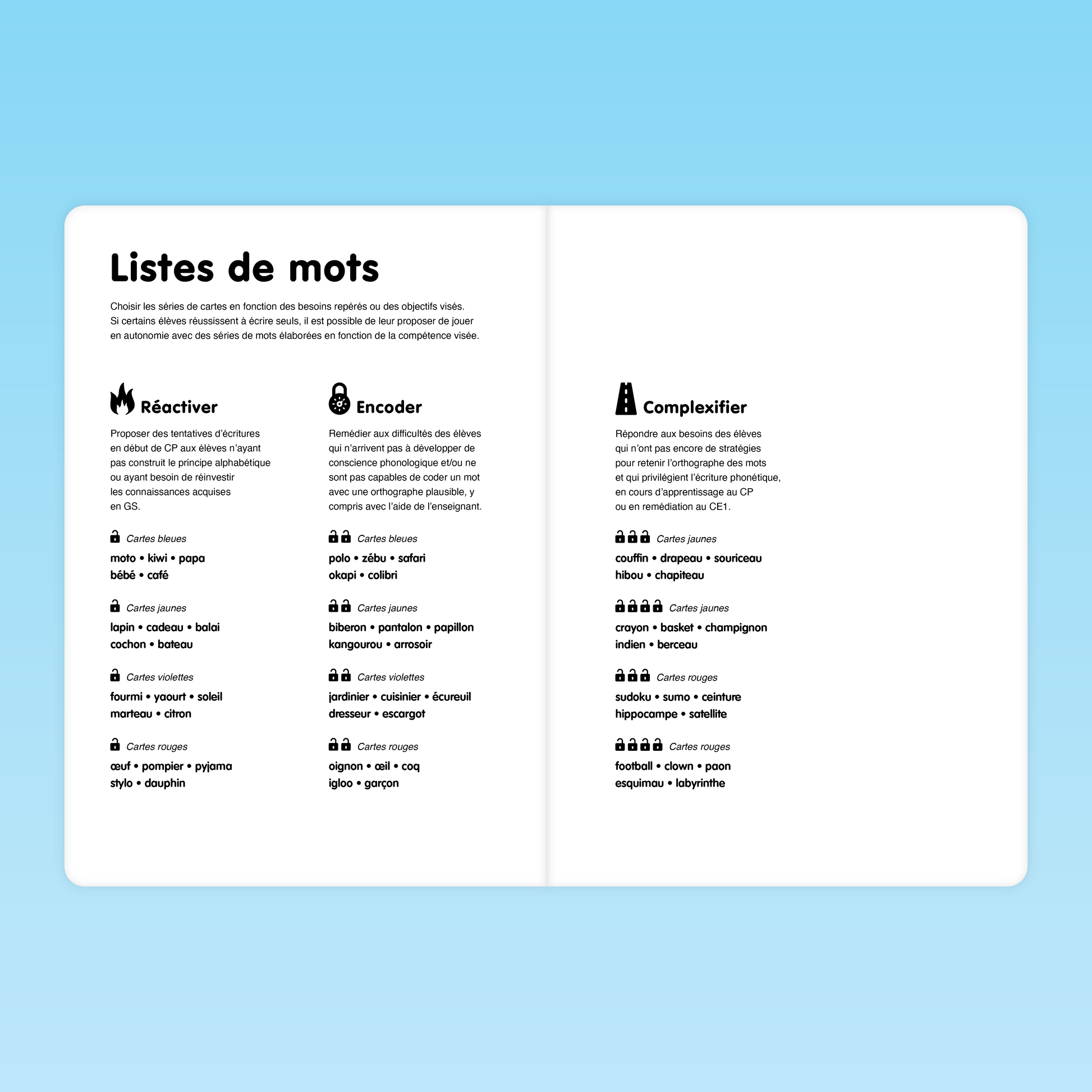 listes de mots par couleur de cartes pour réactiver, encoder et complexifier