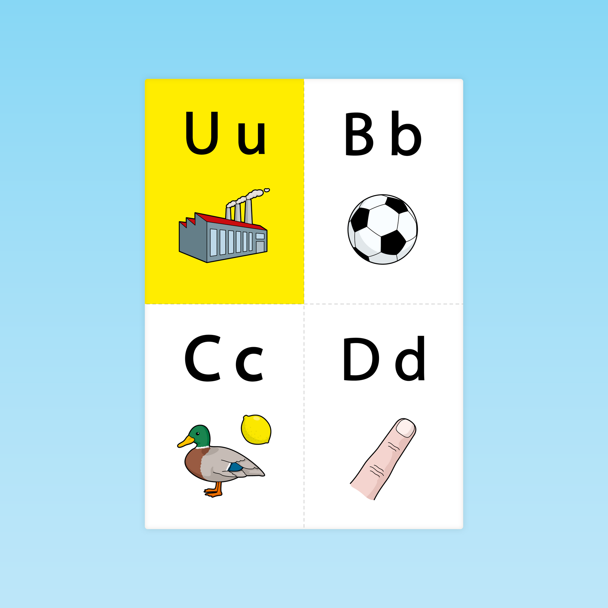 carte illustrée de la lettre U avec le mot-clé usine pour l’apprentissage des lettres en maternelle GS