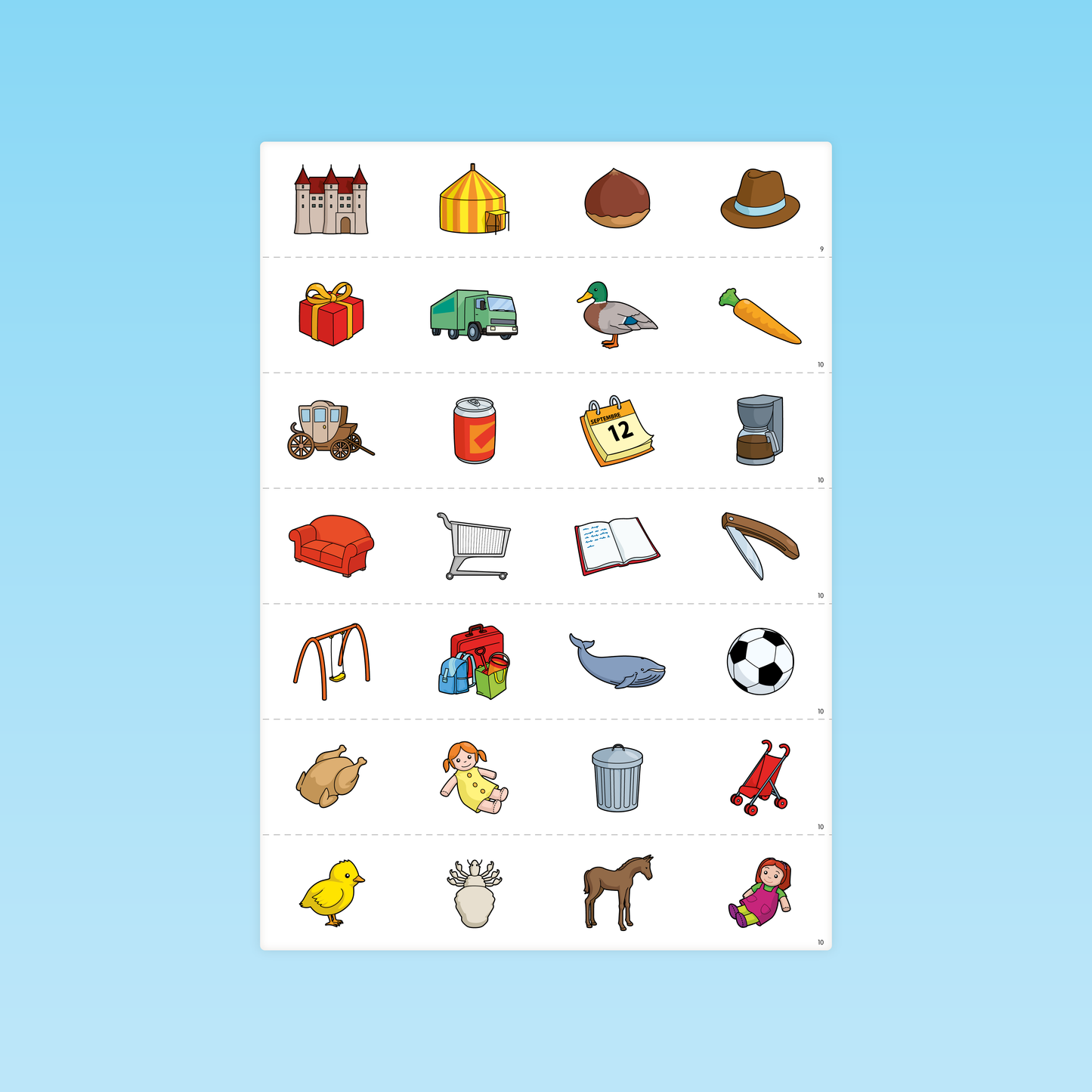 cartes rouges pour repérage sonore avec dessins d'animaux et objets en PS MS
