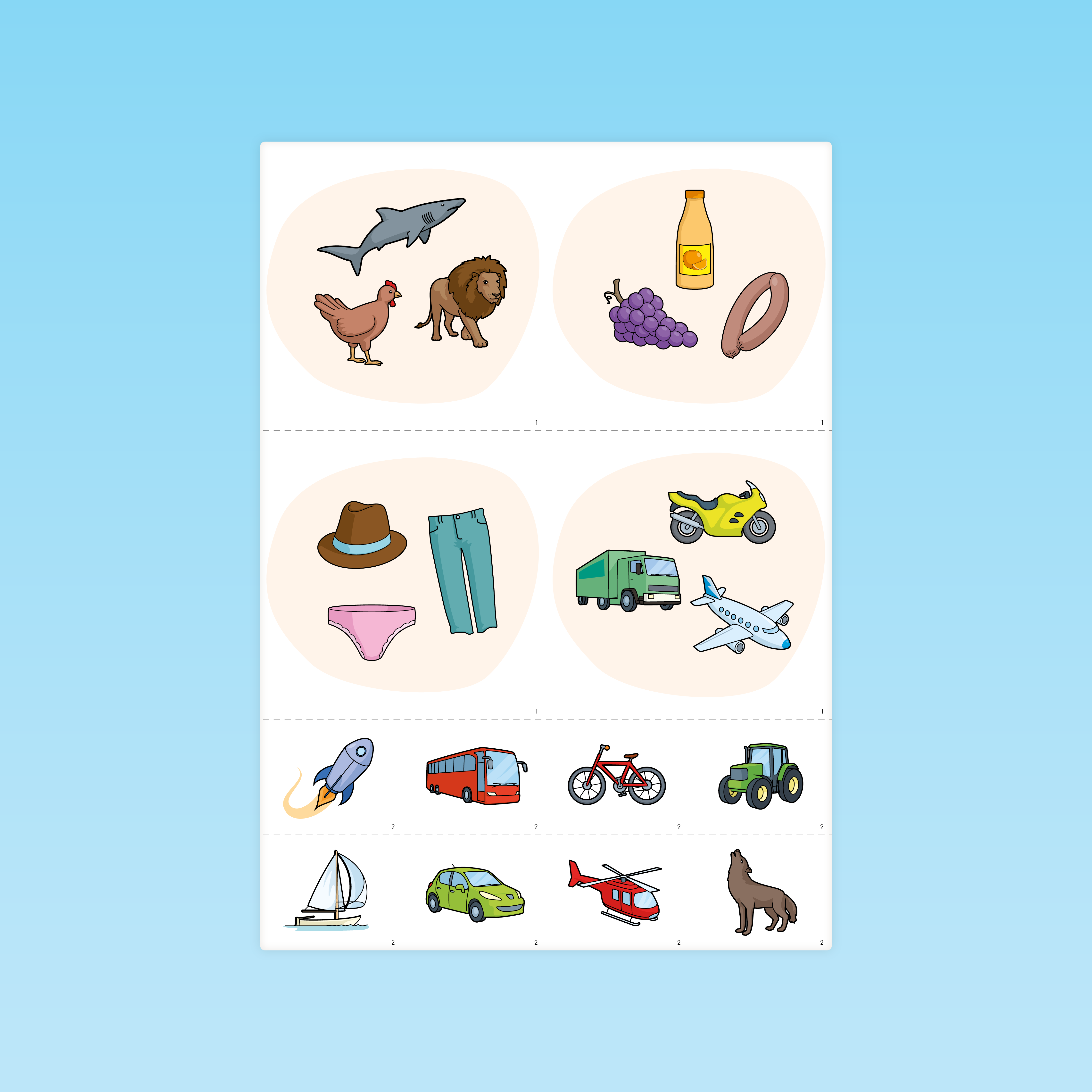 quatre cartes familles en nuages pour langage et vocabulaire Moyenne Section – animaux, aliments, vêtements, véhicules
